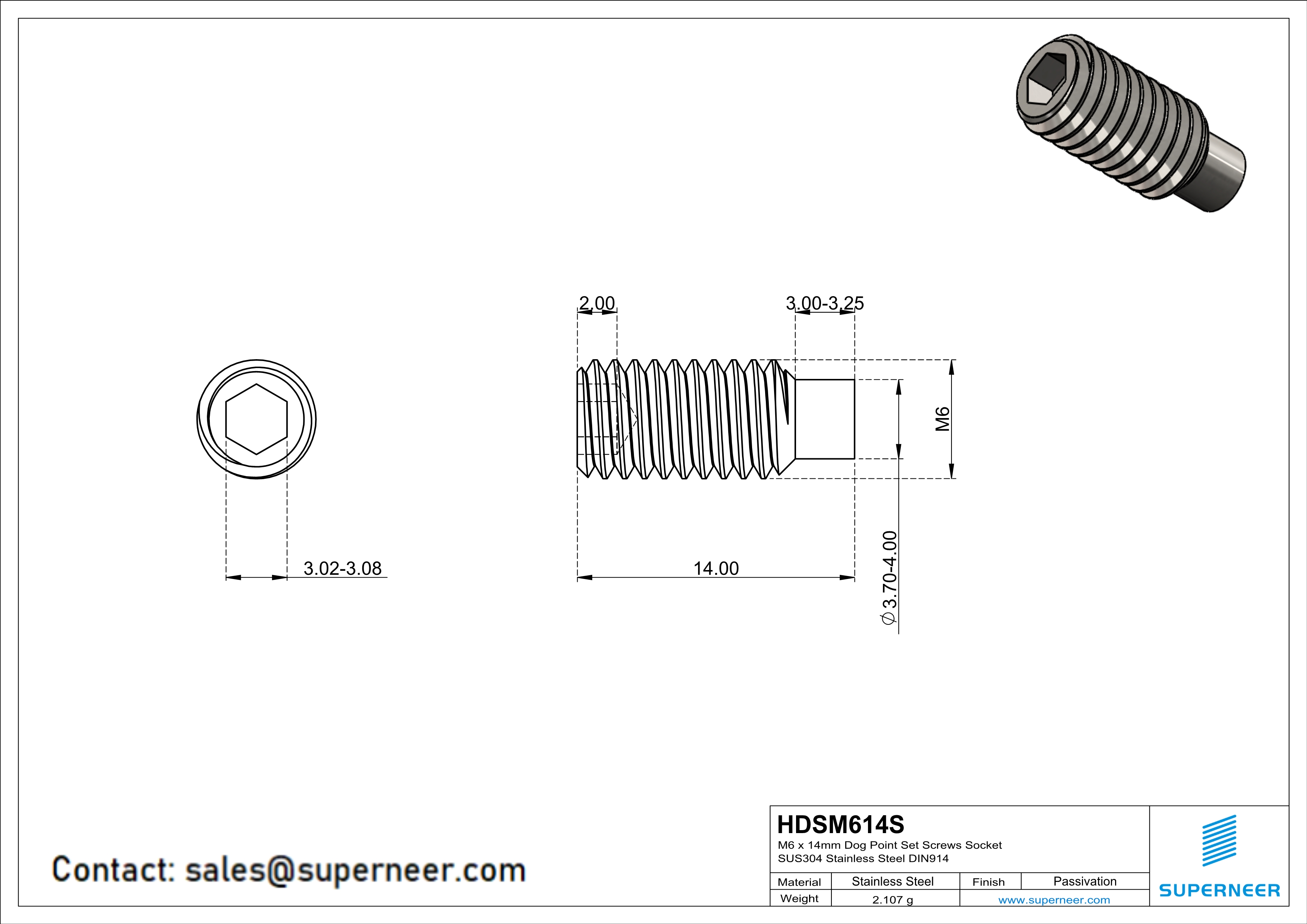 M6 x 14mm Dog Point Set Screws Socket SUS304 Stainless Steel Inox DIN915