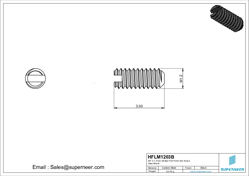 M1.2 x 3mm Slotted Flat Point Set Screw Steel Black 