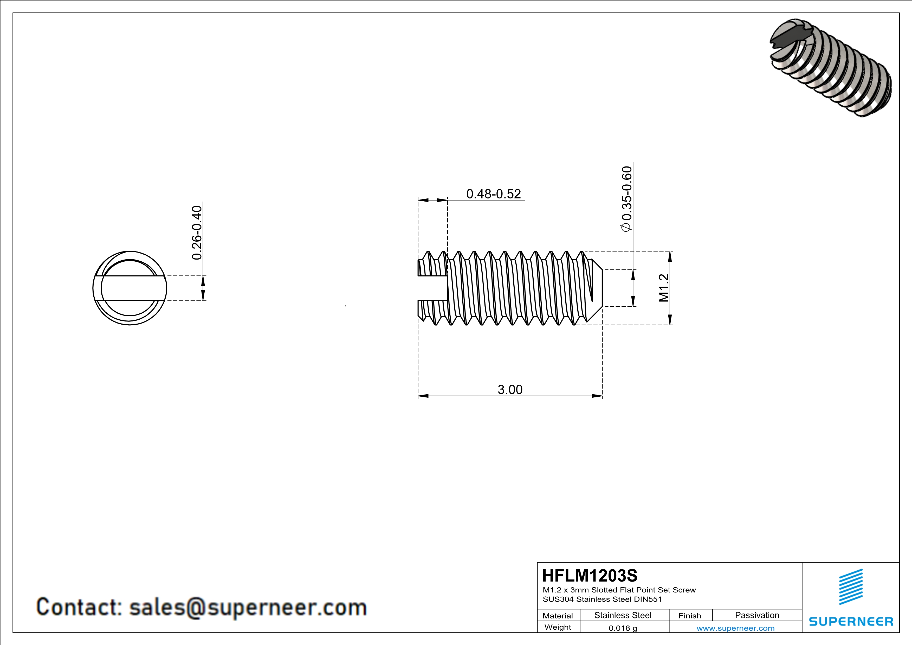 M1.2 x 3mm Slotted Flat Point Set Screw SUS304 Stainless Steel Inox 