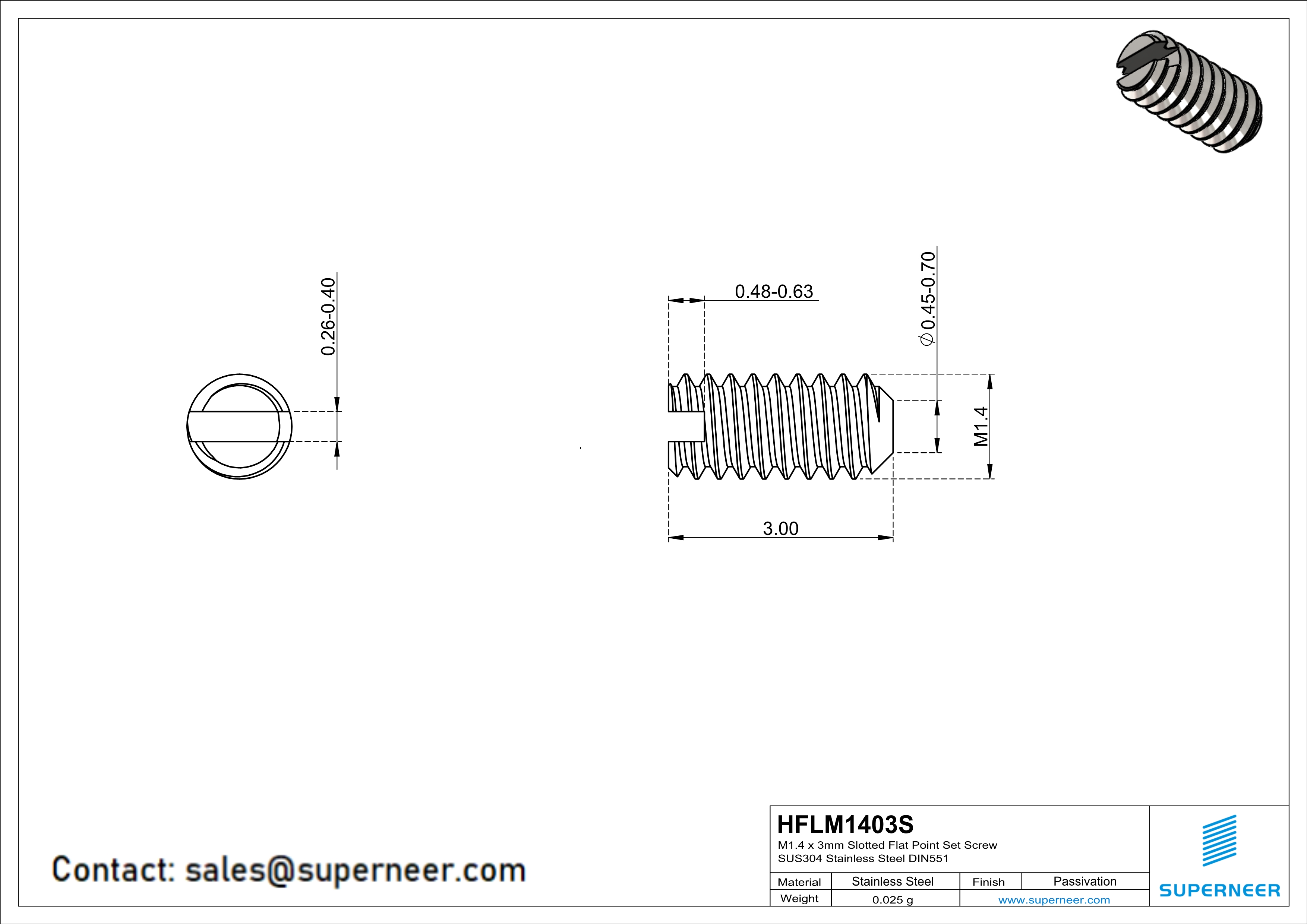 M1.4 x 3mm Slotted Flat Point Set Screw SUS304 Stainless Steel Inox 