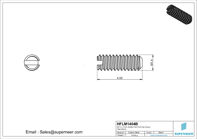 M1.4 x 4mm Slotted Flat Point Set Screw Steel Black 