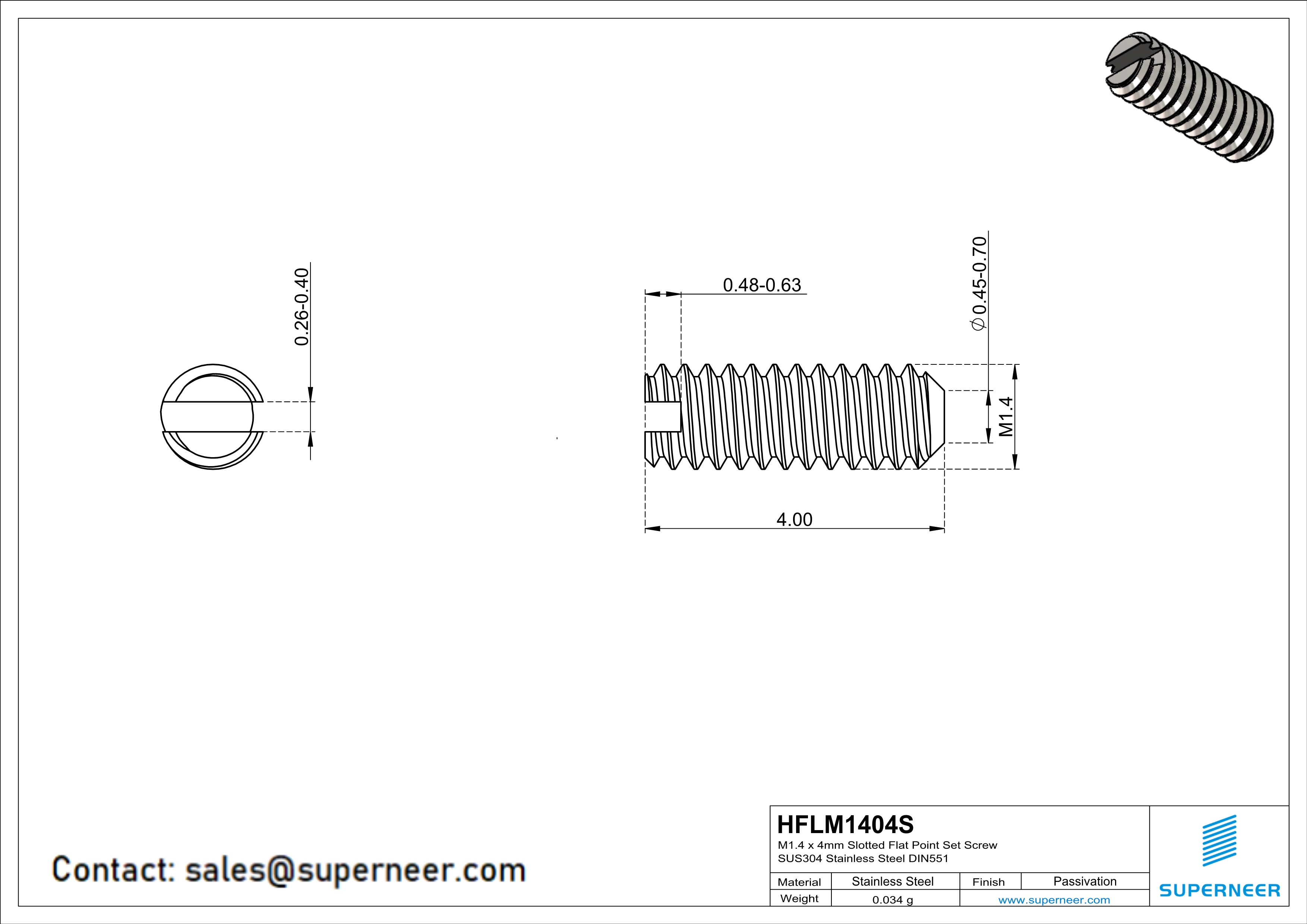 M1.4 x 4mm Slotted Flat Point Set Screw SUS304 Stainless Steel Inox 