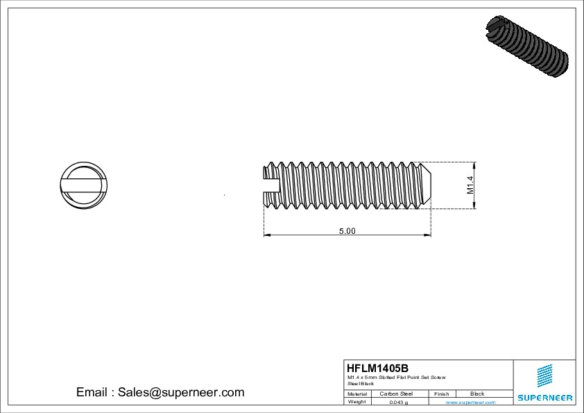 M1.4 x 5mm Slotted Flat Point Set Screw Steel Black 