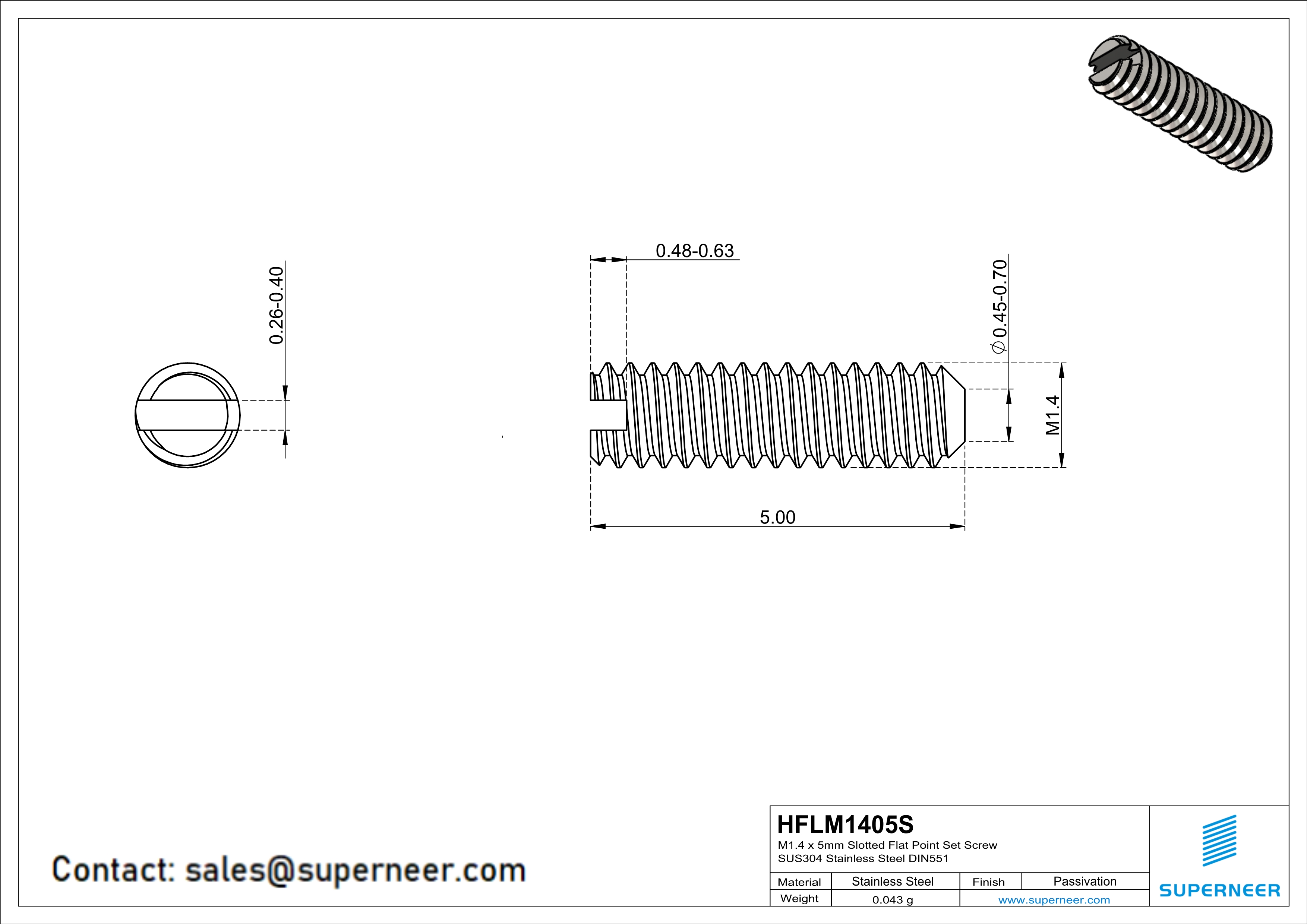 M1.4 x 5mm Slotted Flat Point Set Screw SUS304 Stainless Steel Inox 