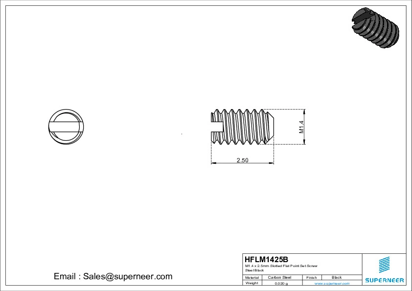 M1.4 x 2.5mm Slotted Flat Point Set Screw Steel Black 