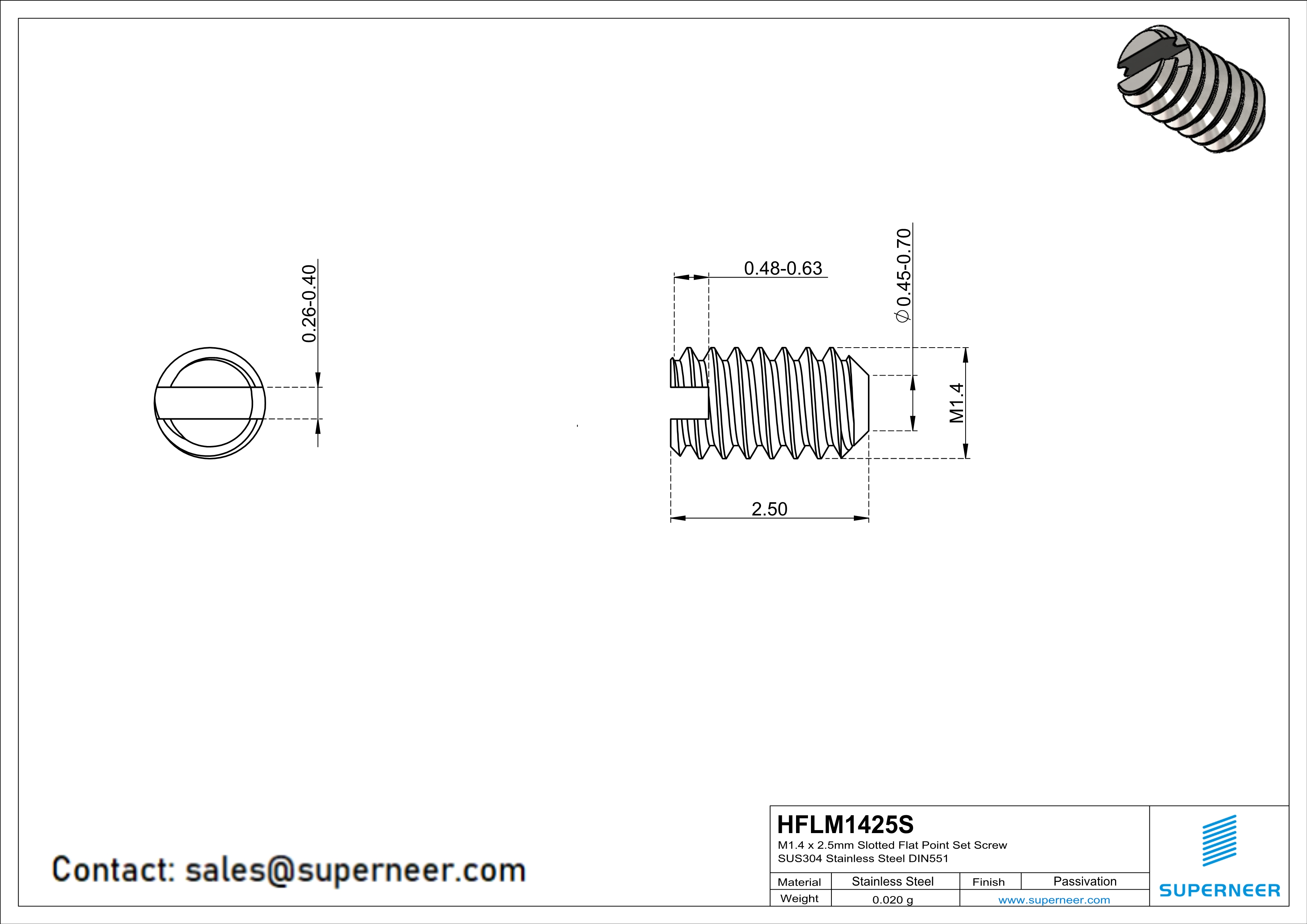 M1.4 x 2.5mm Slotted Flat Point Set Screw SUS304 Stainless Steel Inox 