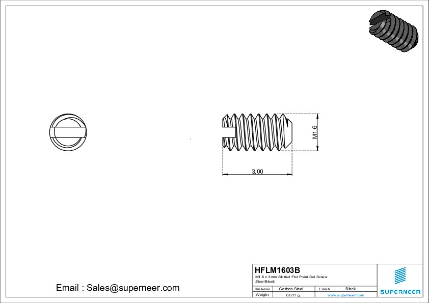 M1.6 x 3mm Slotted Flat Point Set Screw Steel Black 