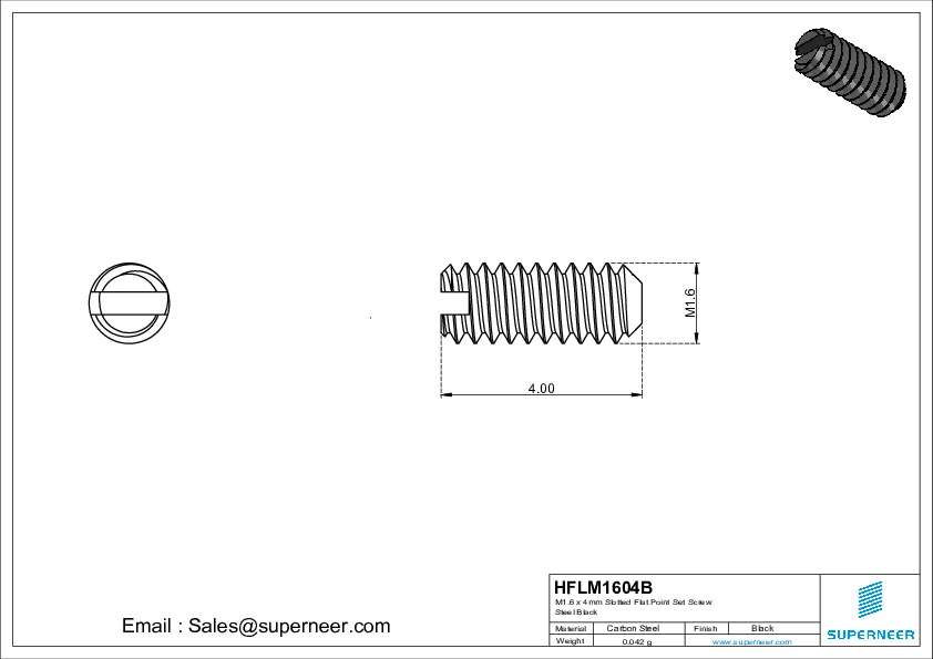 M1.6 x 4mm Slotted Flat Point Set Screw Steel Black 