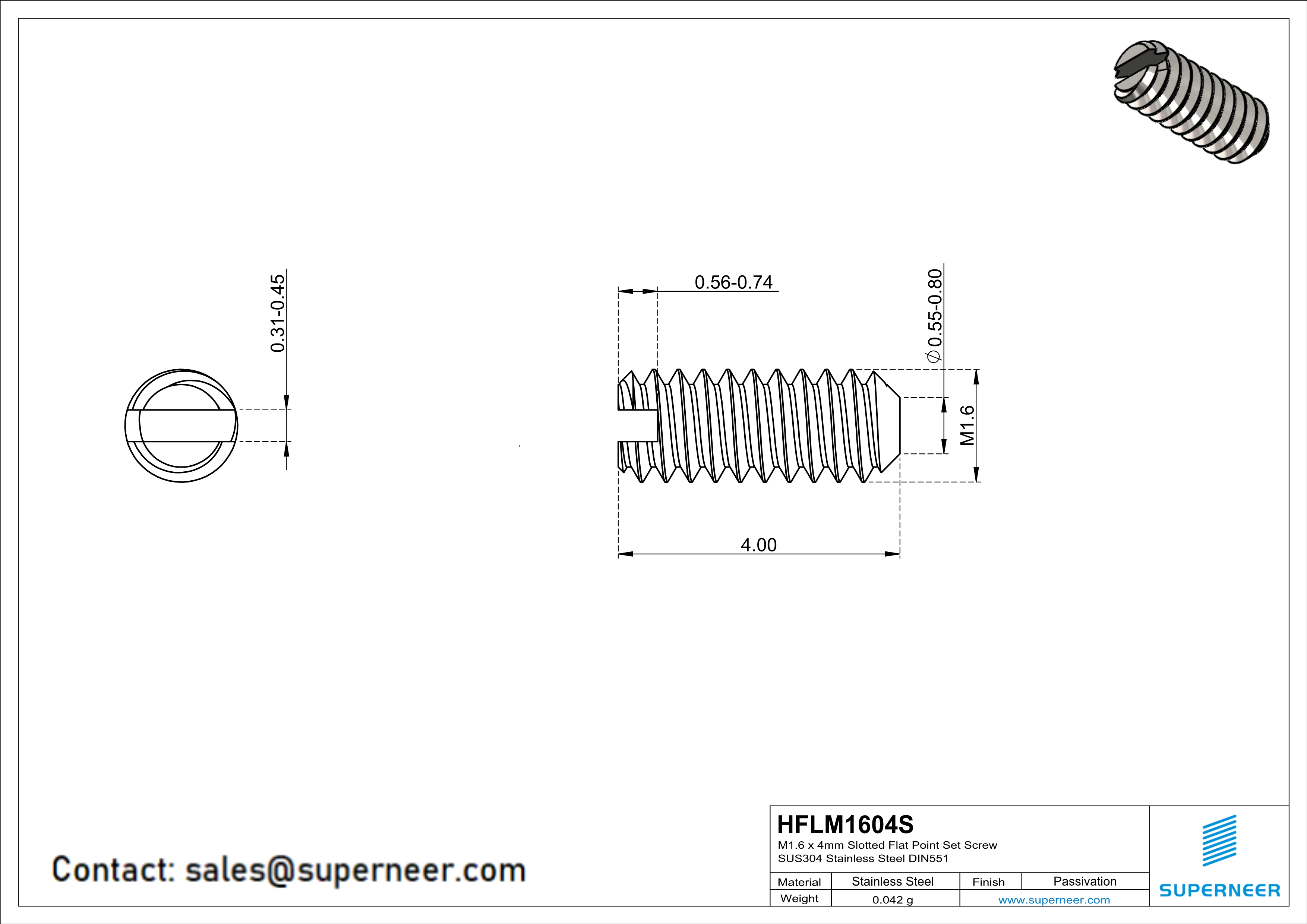 M1.6 x 4mm Slotted Flat Point Set Screw SUS304 Stainless Steel Inox 