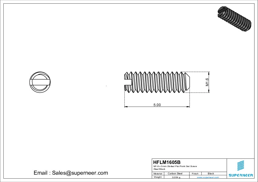 M1.6 x 5mm Slotted Flat Point Set Screw Steel Black 