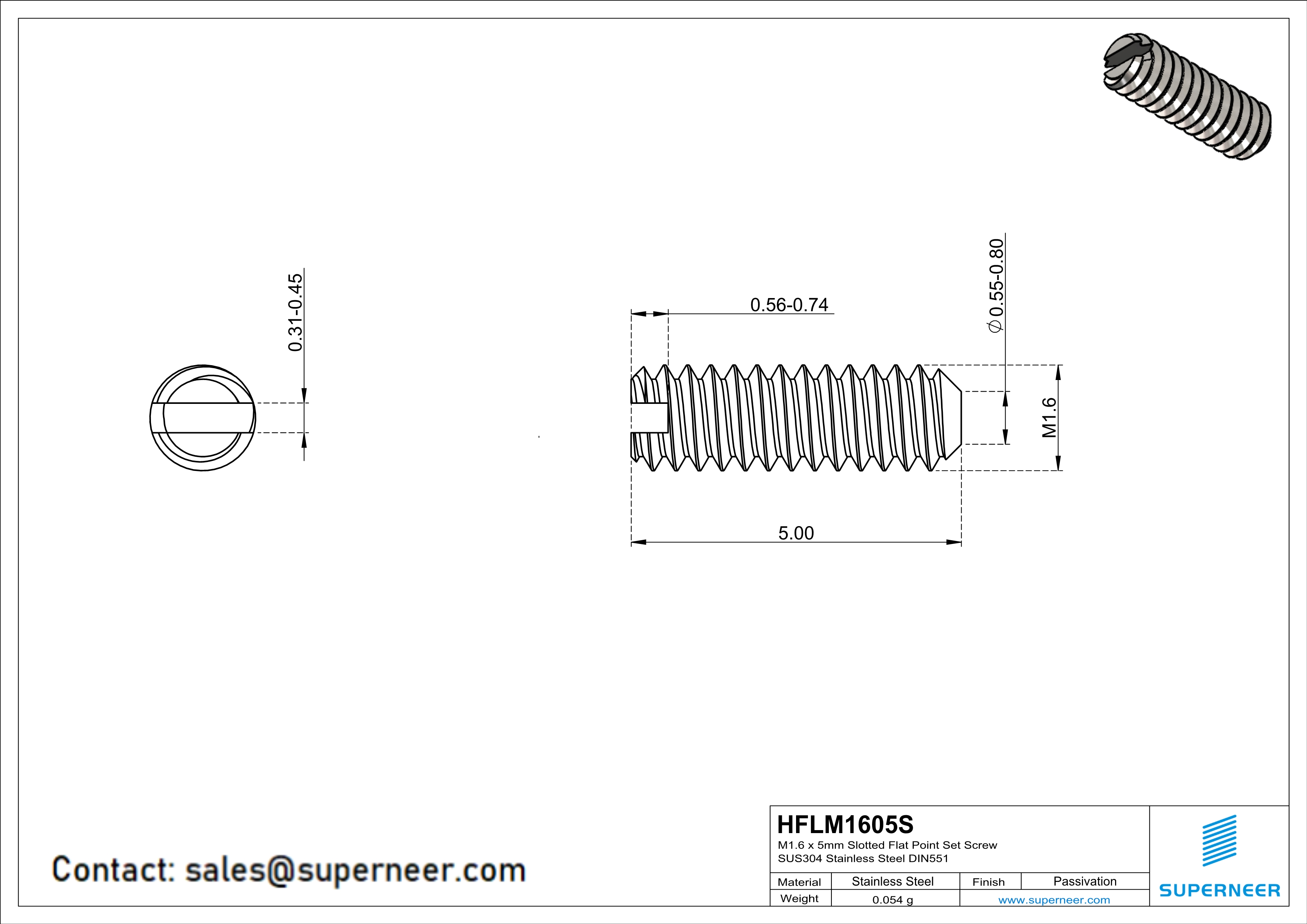 M1.6 x 5mm Slotted Flat Point Set Screw SUS304 Stainless Steel Inox 