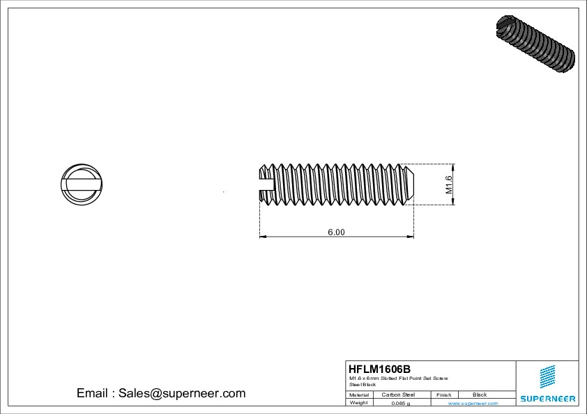 M1.6 x 6mm Slotted Flat Point Set Screw Steel Black 