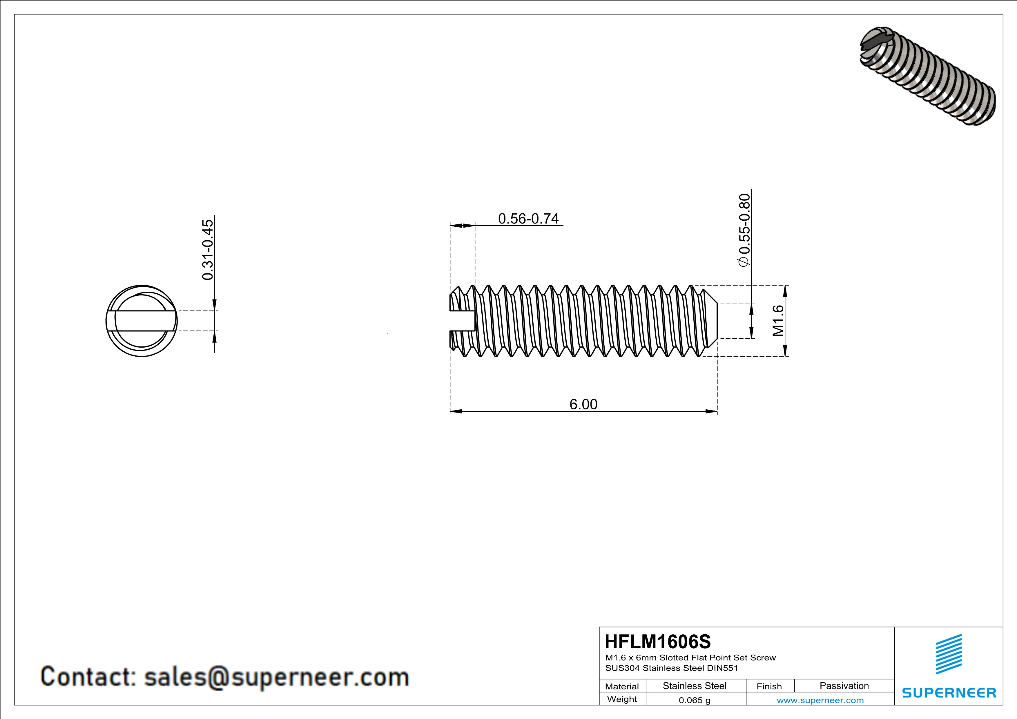 M1.6 x 6mm Slotted Flat Point Set Screw SUS304 Stainless Steel Inox 