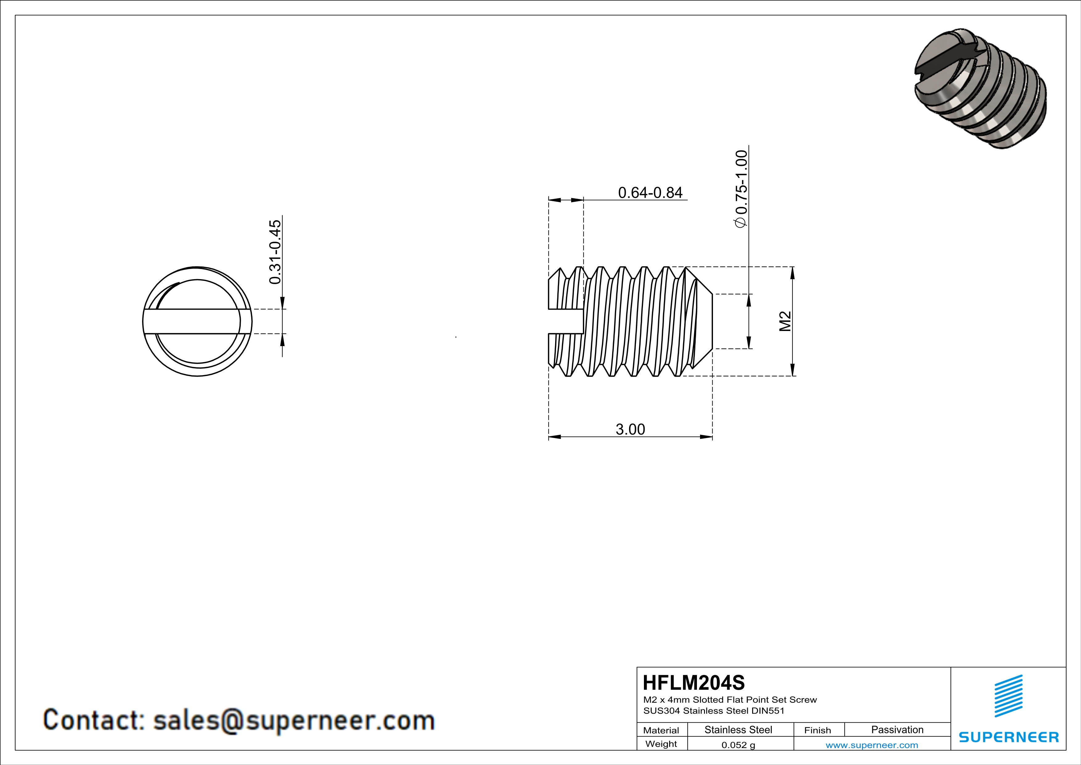 M2 x 4mm Slotted Flat Point Set Screw SUS304 Stainless Steel Inox 