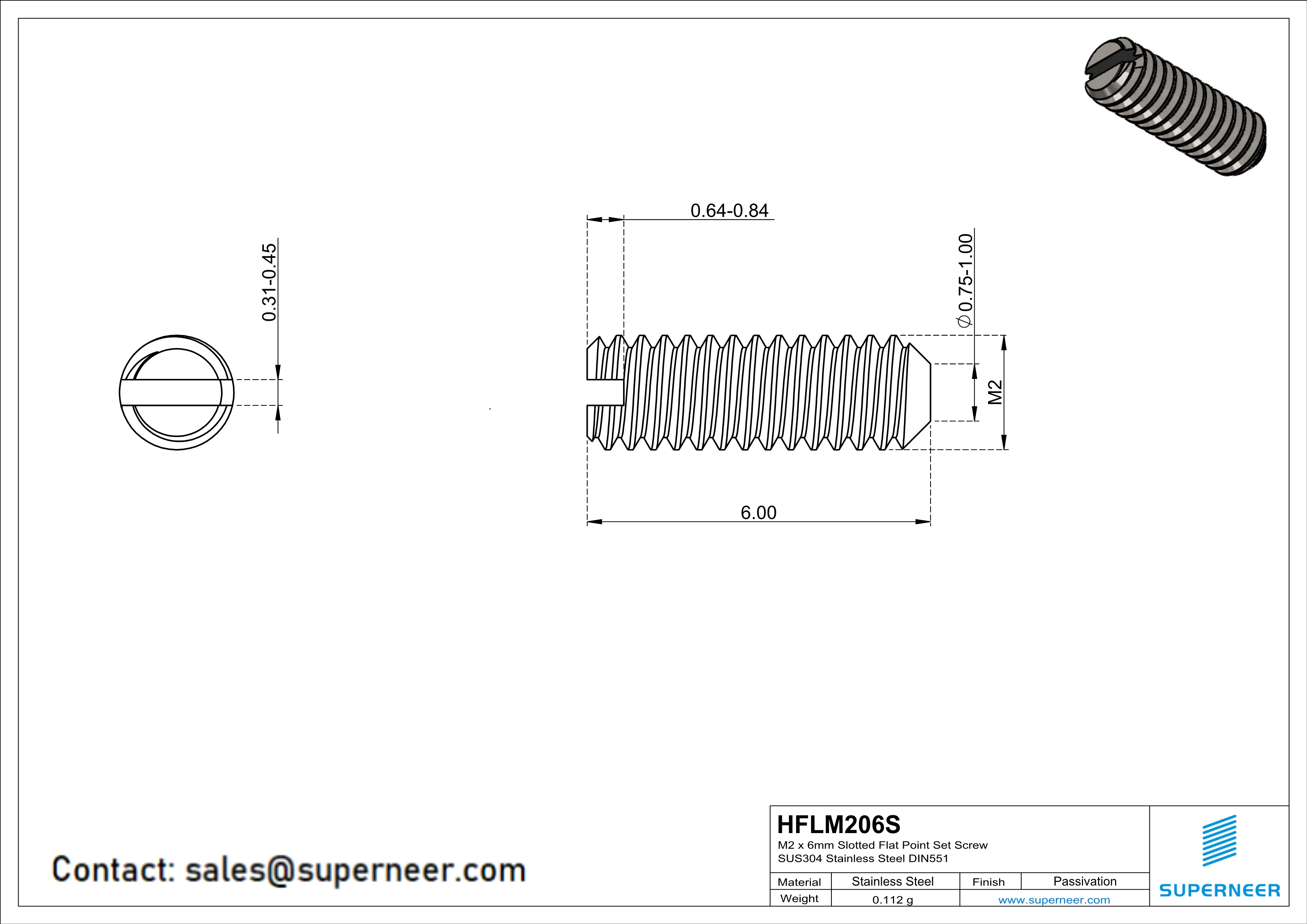 M2 x 6mm Slotted Flat Point Set Screw SUS304 Stainless Steel Inox 