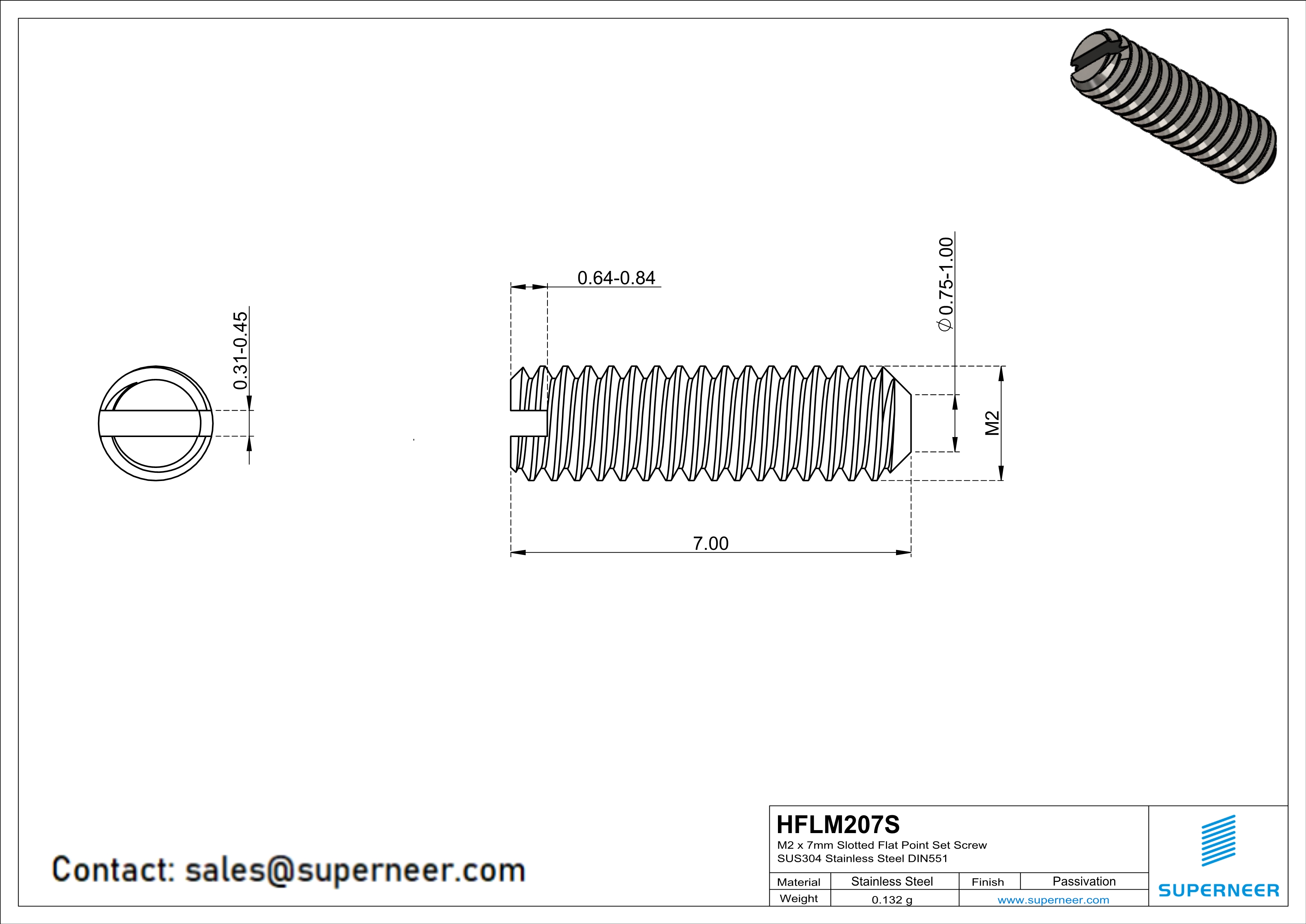 M2 x 7mm Slotted Flat Point Set Screw SUS304 Stainless Steel Inox 