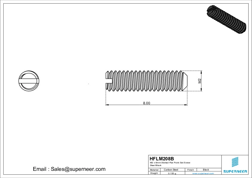 M2 x 8mm Slotted Flat Point Set Screw Steel Black 