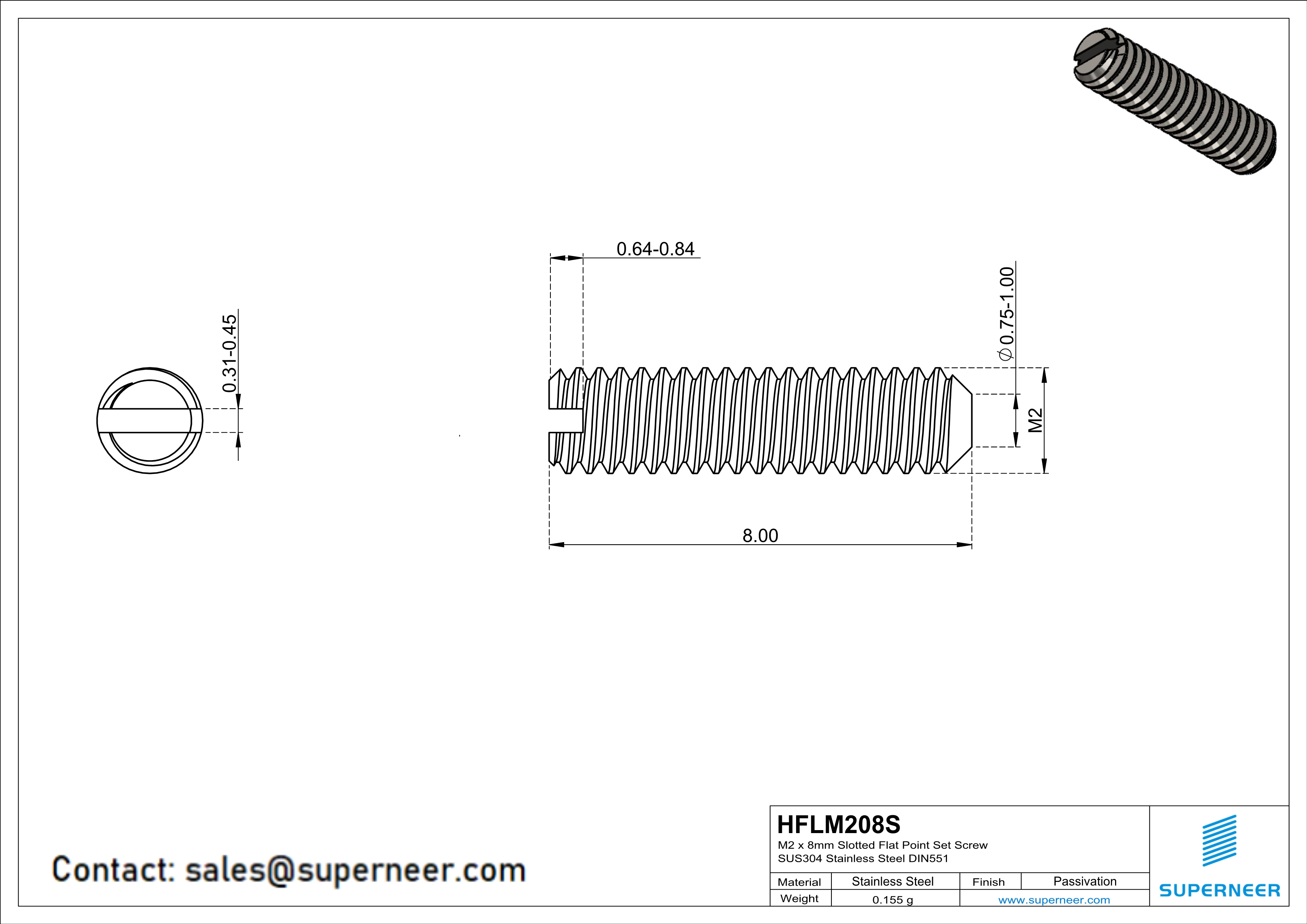 M2 x 8mm Slotted Flat Point Set Screw SUS304 Stainless Steel Inox 