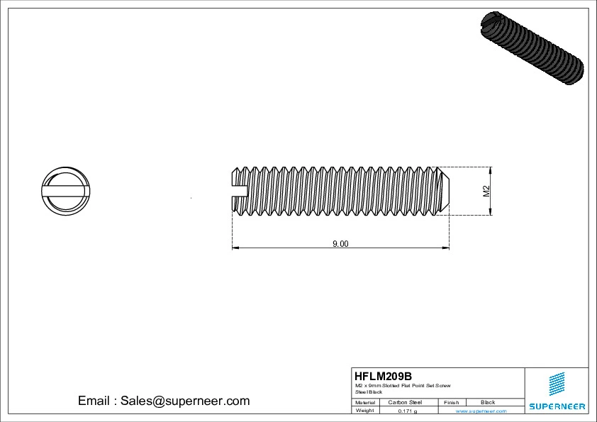 M2 x 9mm Slotted Flat Point Set Screw Steel Black 