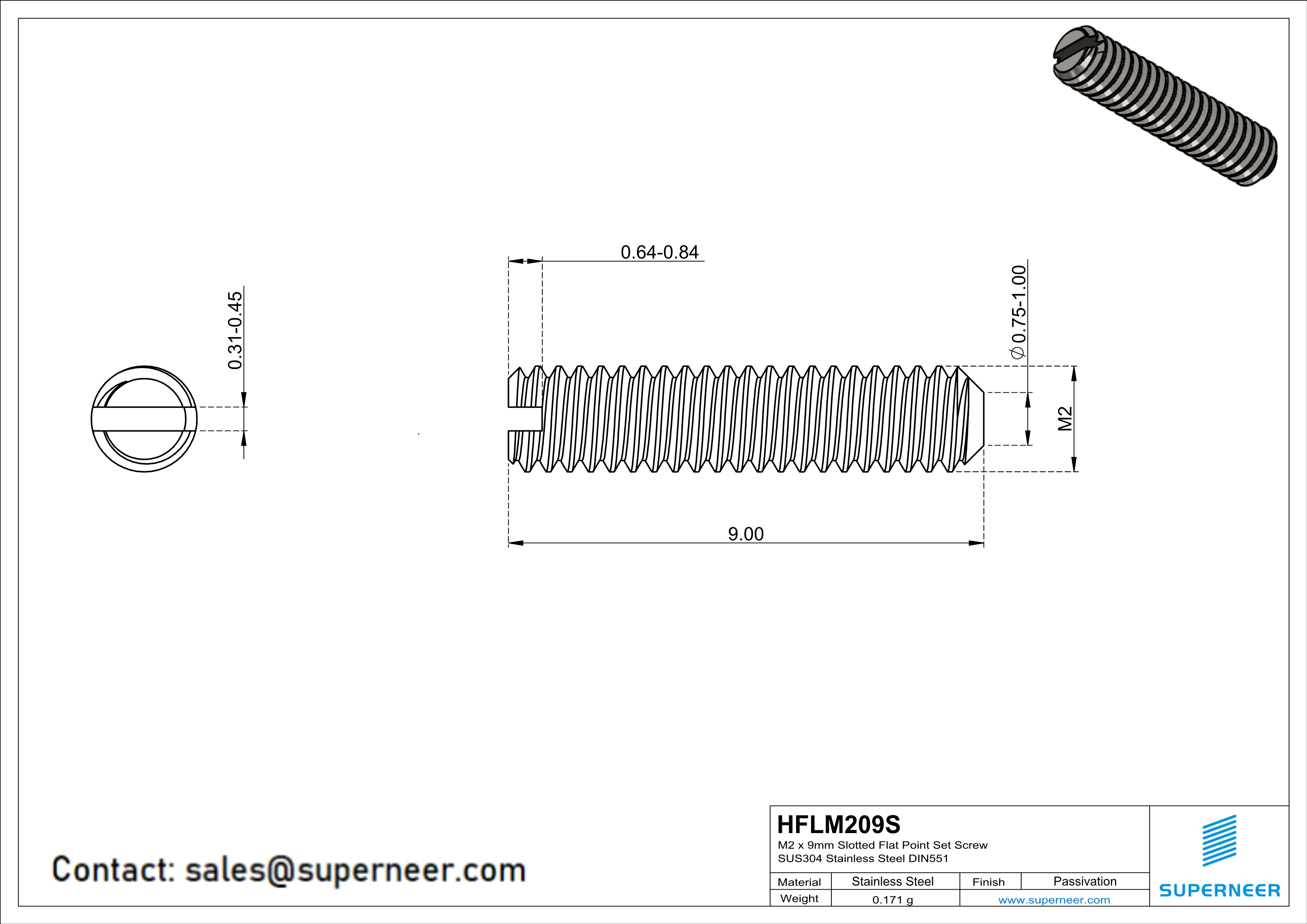 M2 x 9mm Slotted Flat Point Set Screw SUS304 Stainless Steel Inox 