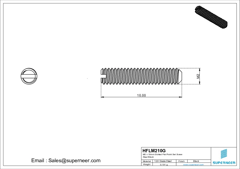 M2 x 10mm Slotted Flat Point Set Screw 12.9 Carbon Steel Black 