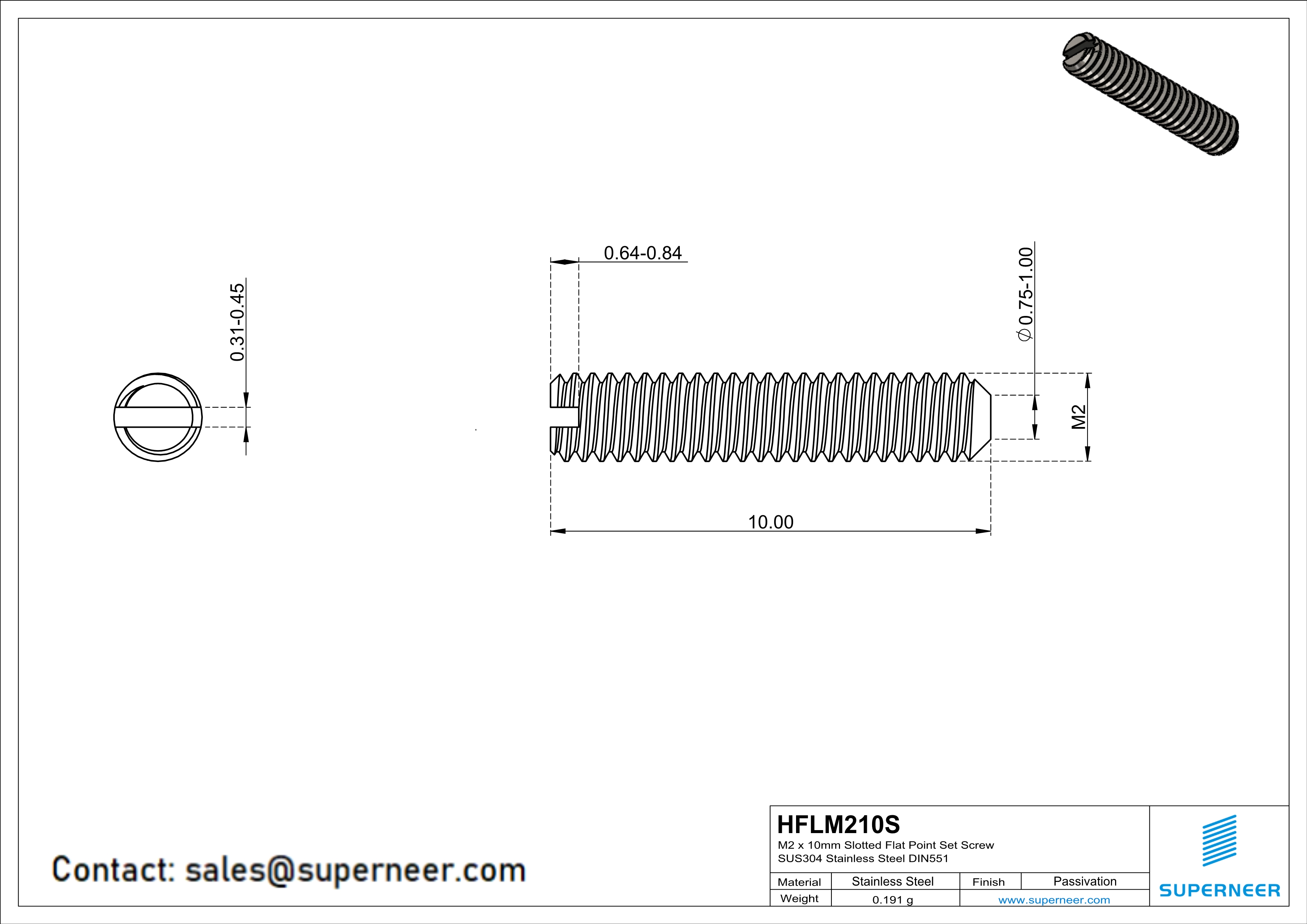 M2 x 10mm Slotted Flat Point Set Screw SUS304 Stainless Steel Inox 