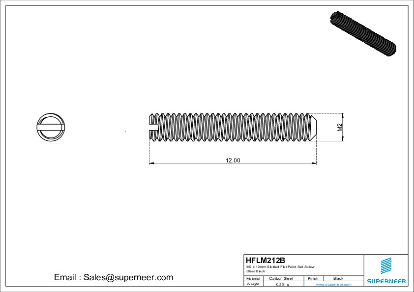 M2 x 12mm Slotted Flat Point Set Screw Steel Black 