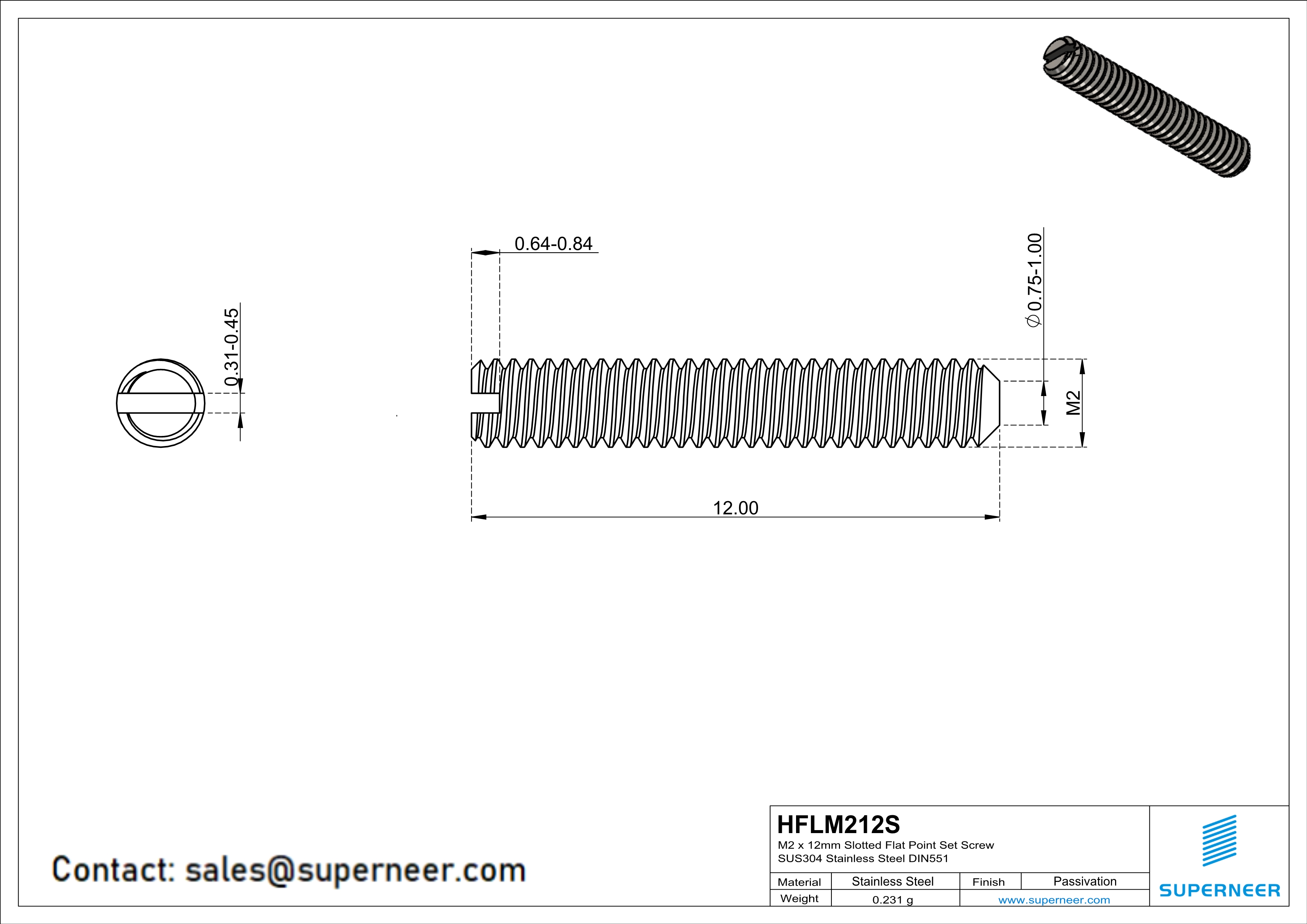 M2 x 12mm Slotted Flat Point Set Screw SUS304 Stainless Steel Inox 