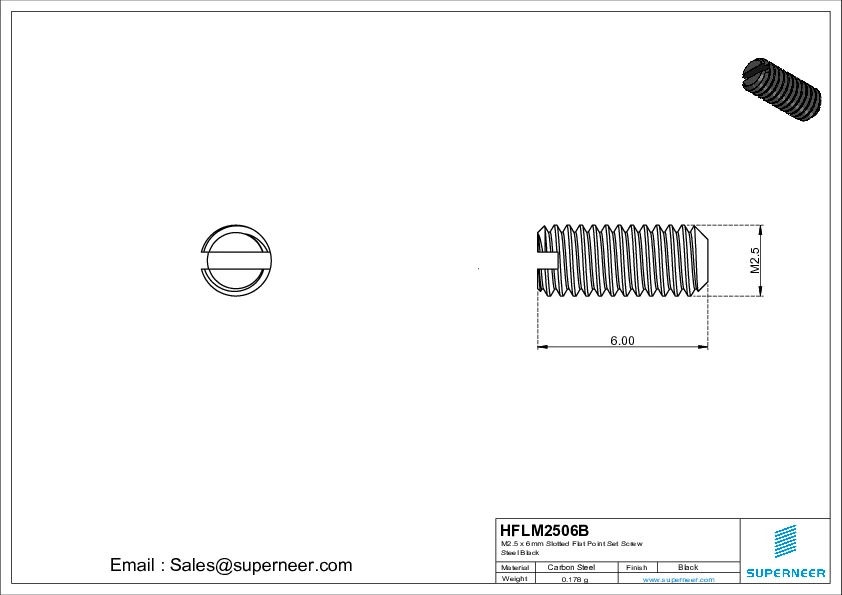 M2 x 6mm Slotted Flat Point Set Screw Steel Black 