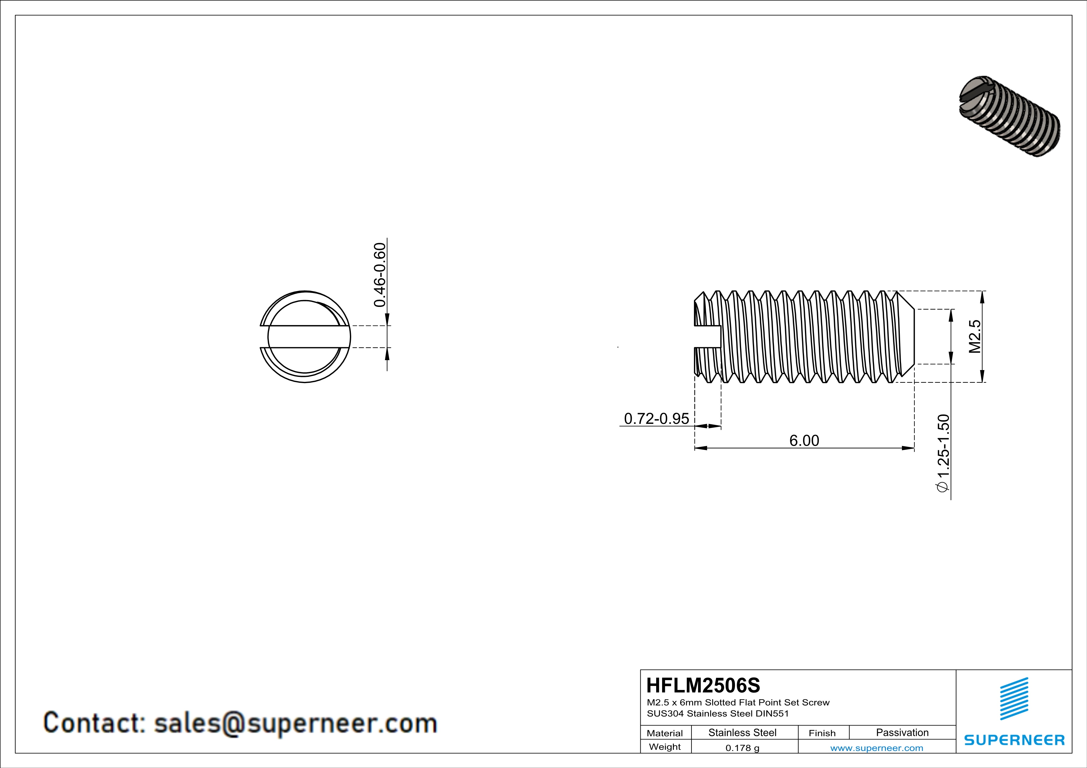 M2 x 6mm Slotted Flat Point Set Screw SUS304 Stainless Steel Inox 