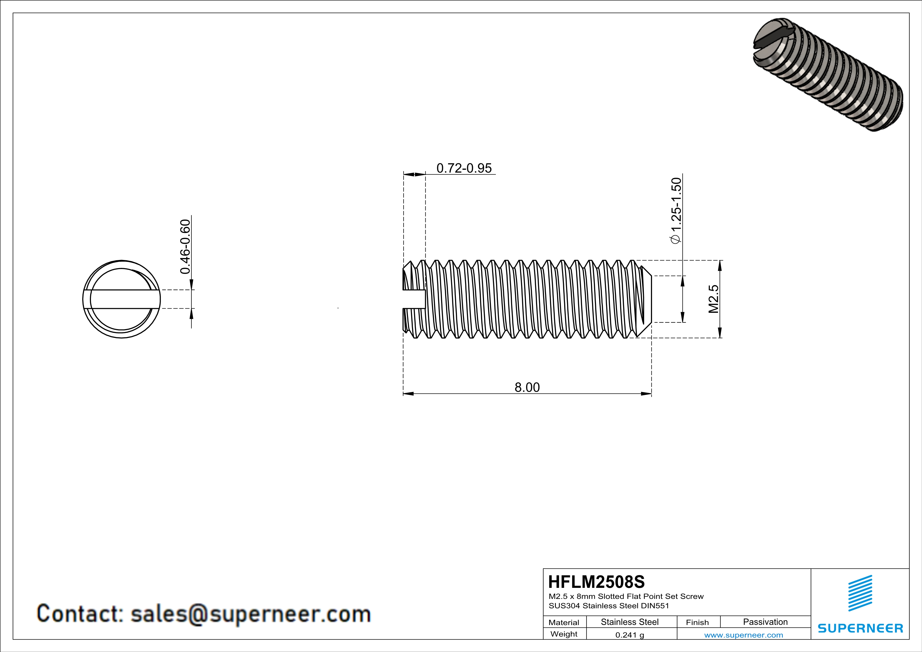 M2 x 8mm Slotted Flat Point Set Screw SUS304 Stainless Steel Inox 