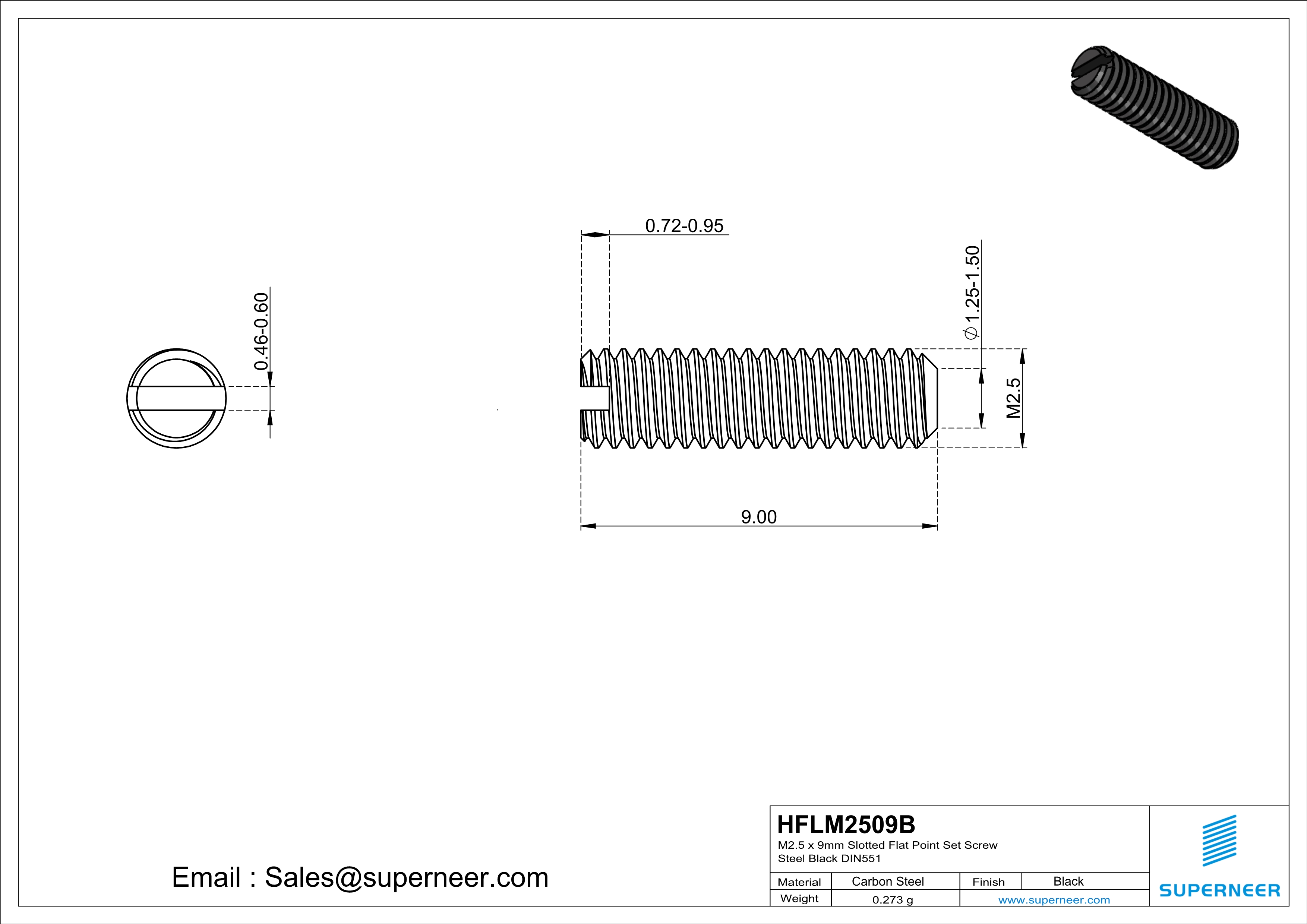 M2 x 9mm Slotted Flat Point Set Screw Steel Black 