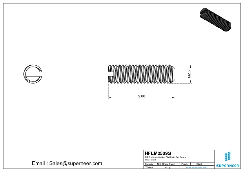 M2 x 9mm Slotted Flat Point Set Screw 12.9 Carbon Steel Black 