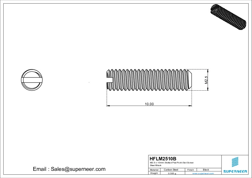 M2 x 10mm Slotted Flat Point Set Screw Steel Black 