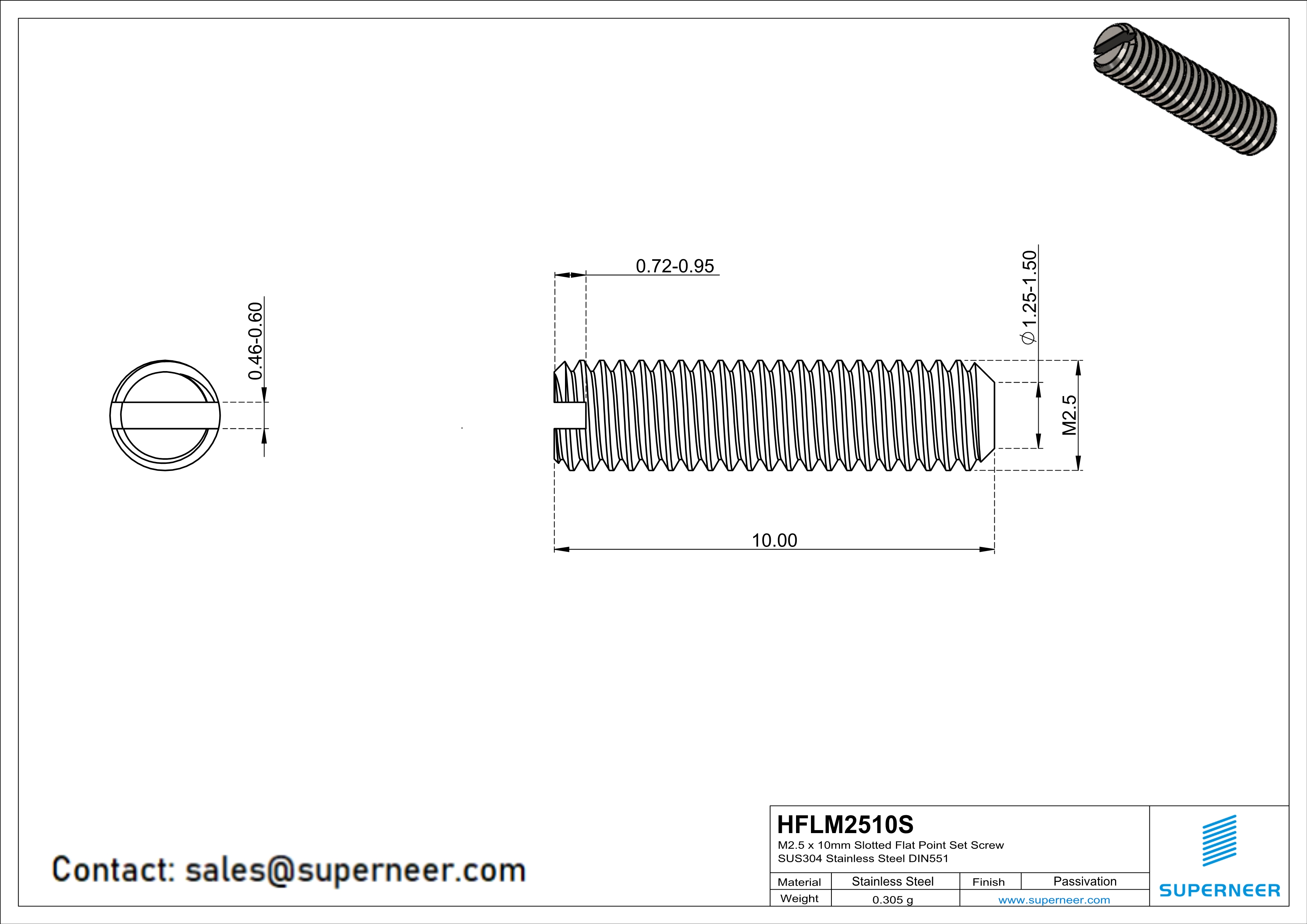 M2 x 10mm Slotted Flat Point Set Screw SUS304 Stainless Steel Inox 