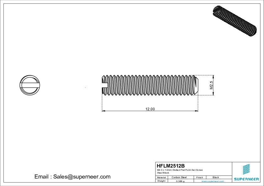 M2 x 12mm Slotted Flat Point Set Screw Steel Black 