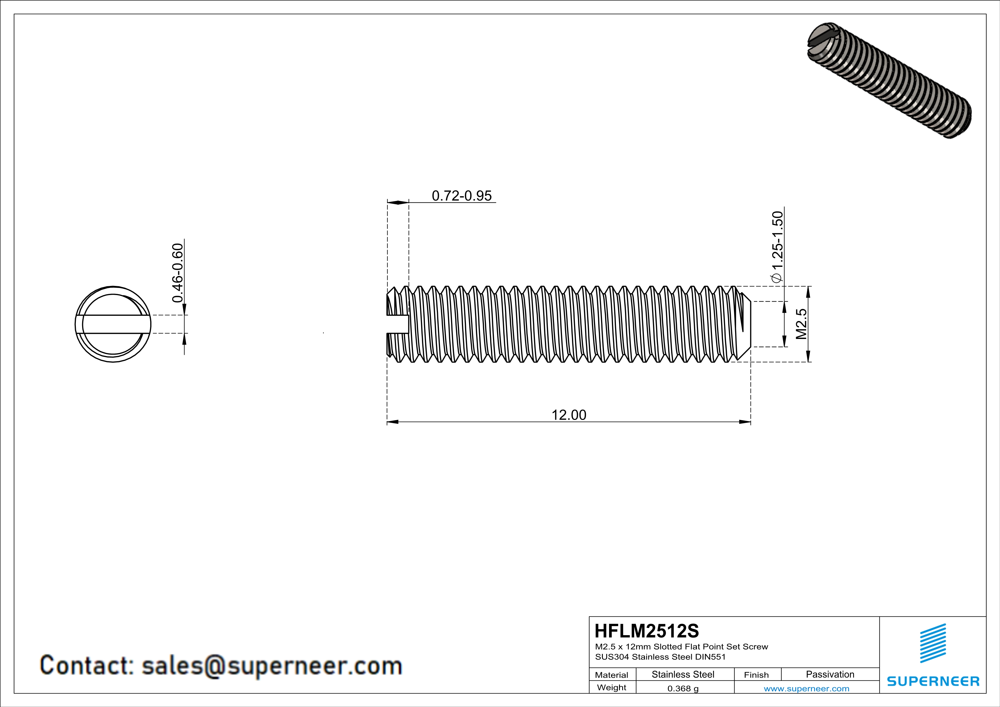 M2 x 12mm Slotted Flat Point Set Screw SUS304 Stainless Steel Inox 