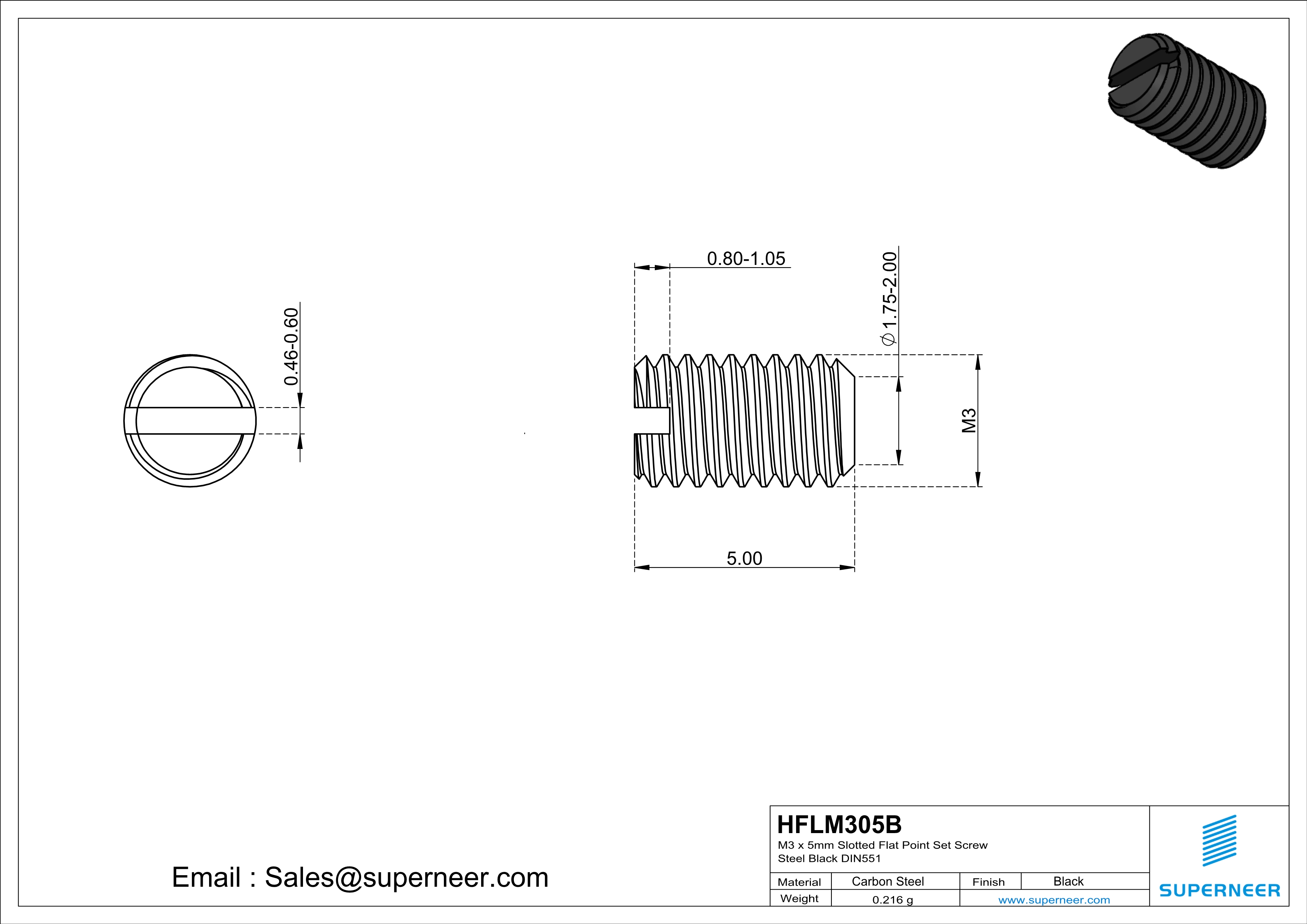 M3 x 5mm Slotted Flat Point Set Screw Steel Black 