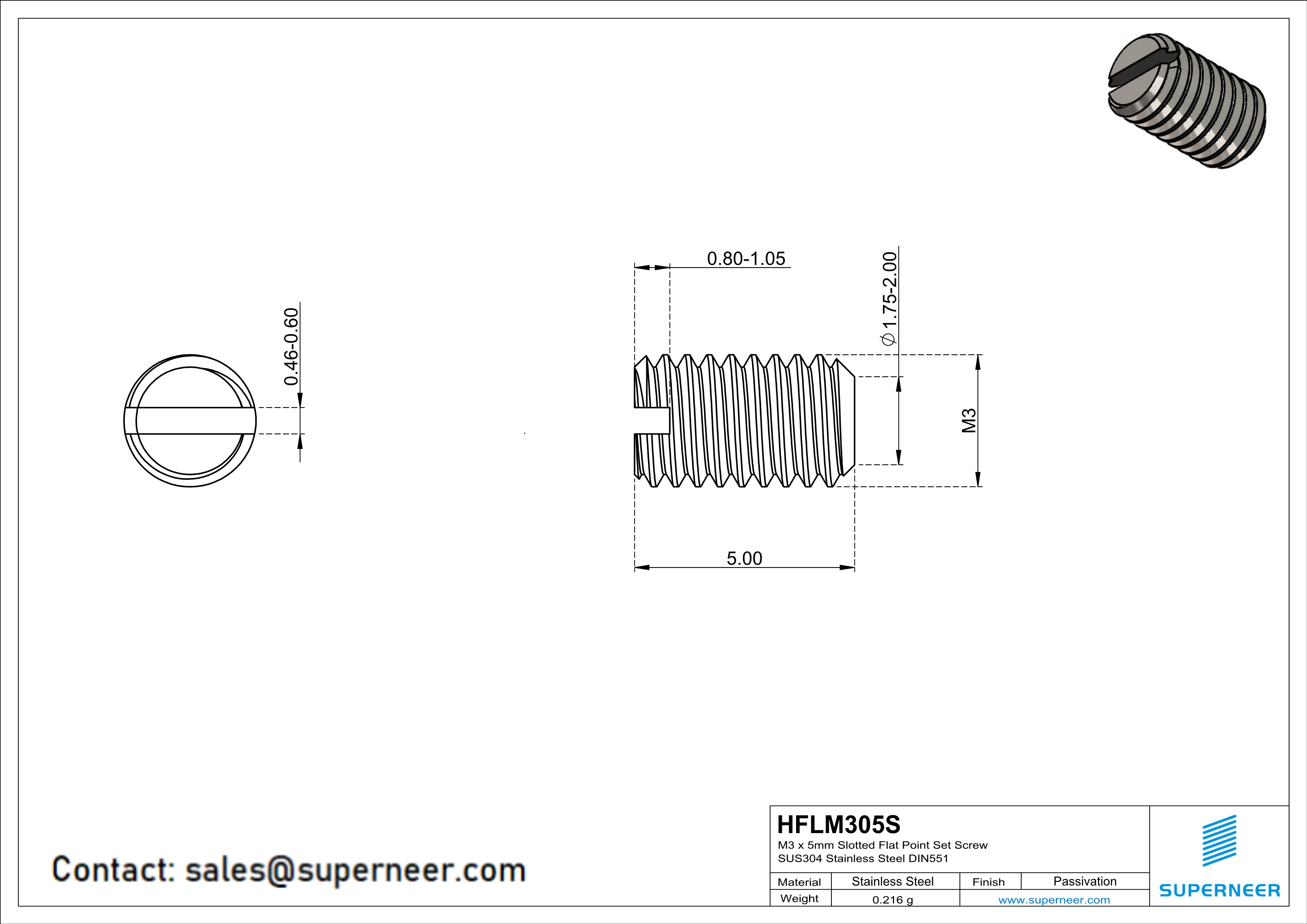 M3 x 5mm Slotted Flat Point Set Screw SUS304 Stainless Steel Inox 