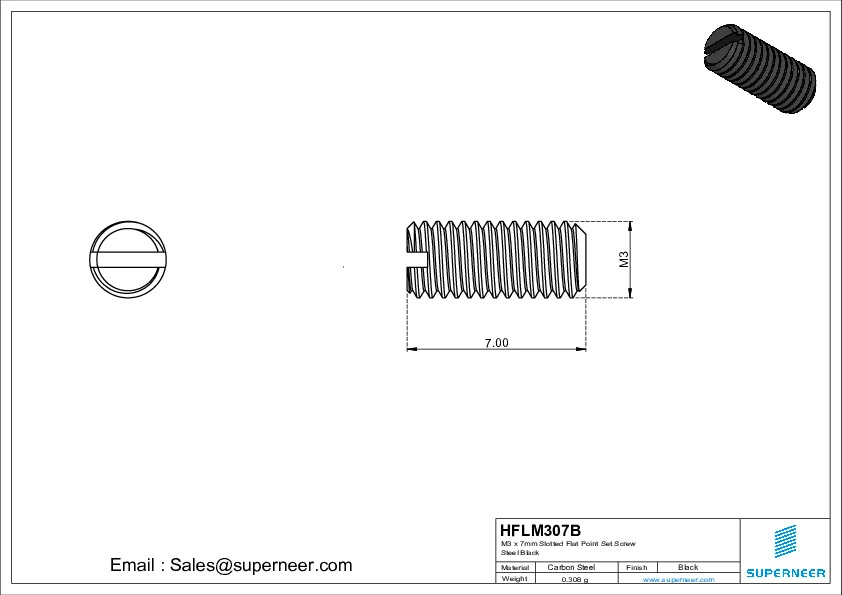 M3 x 7mm Slotted Flat Point Set Screw Steel Black 