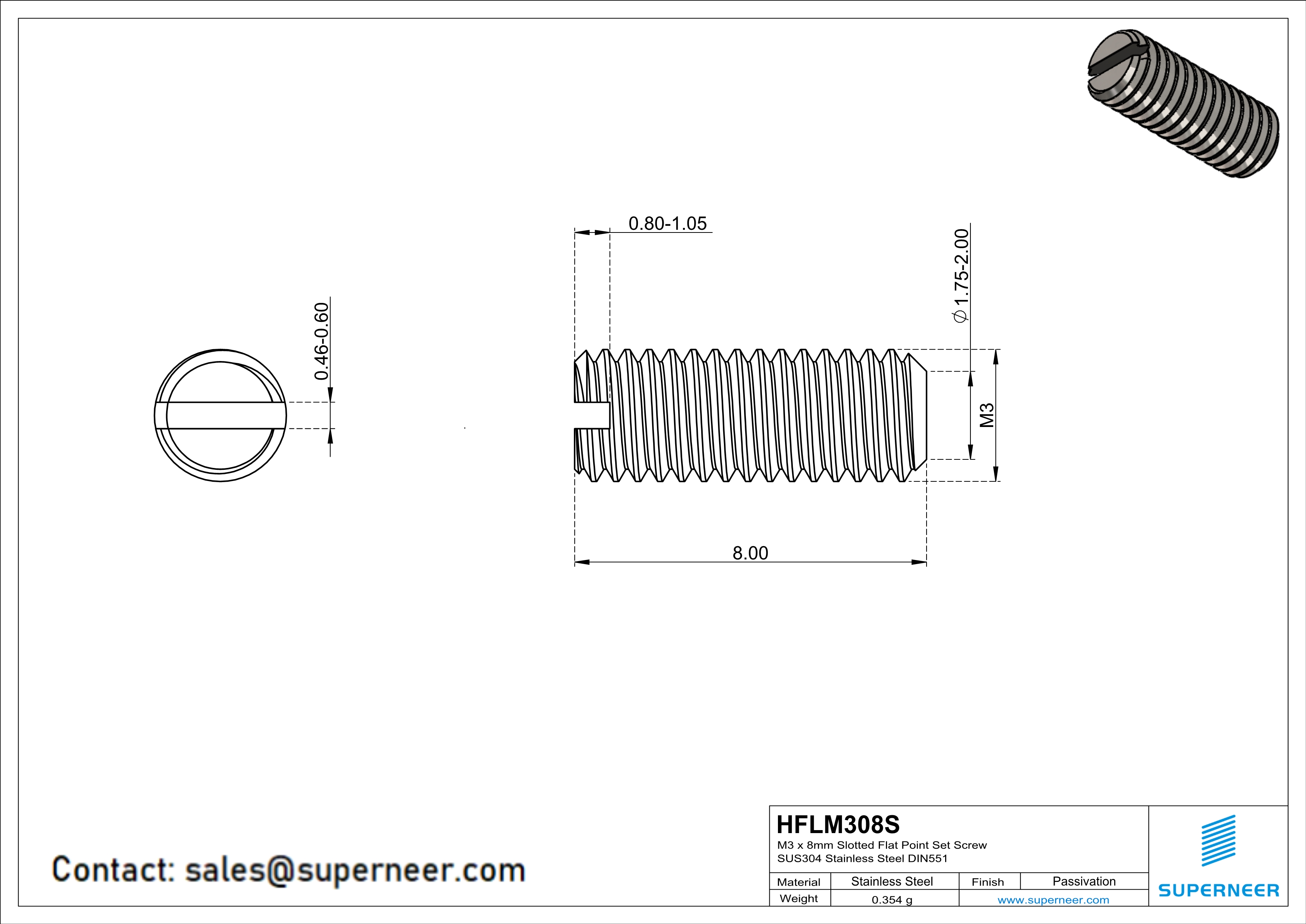 M3 x 8mm Slotted Flat Point Set Screw SUS304 Stainless Steel Inox 