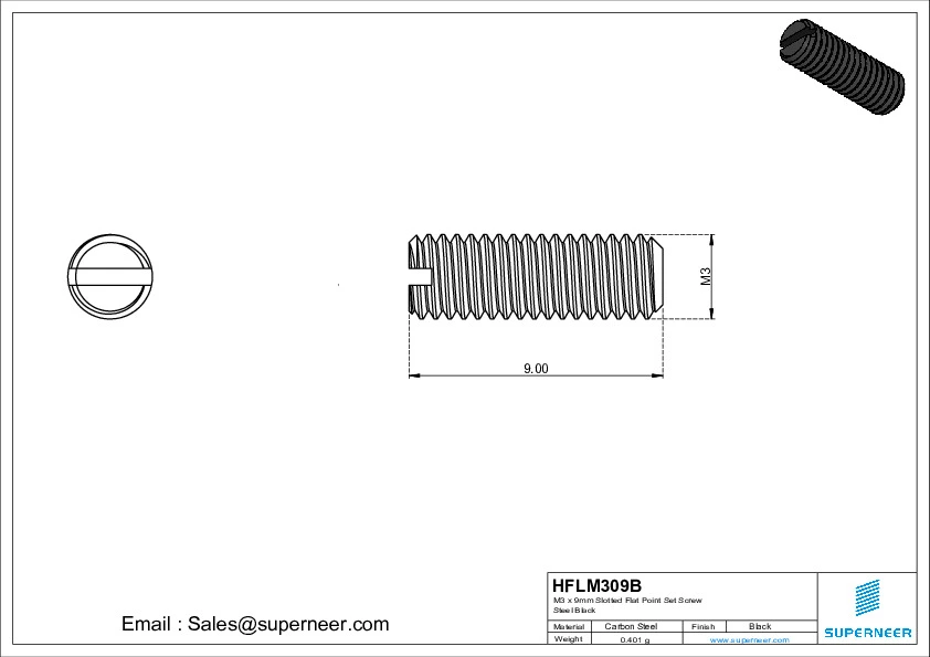 M3 x 9mm Slotted Flat Point Set Screw Steel Black 