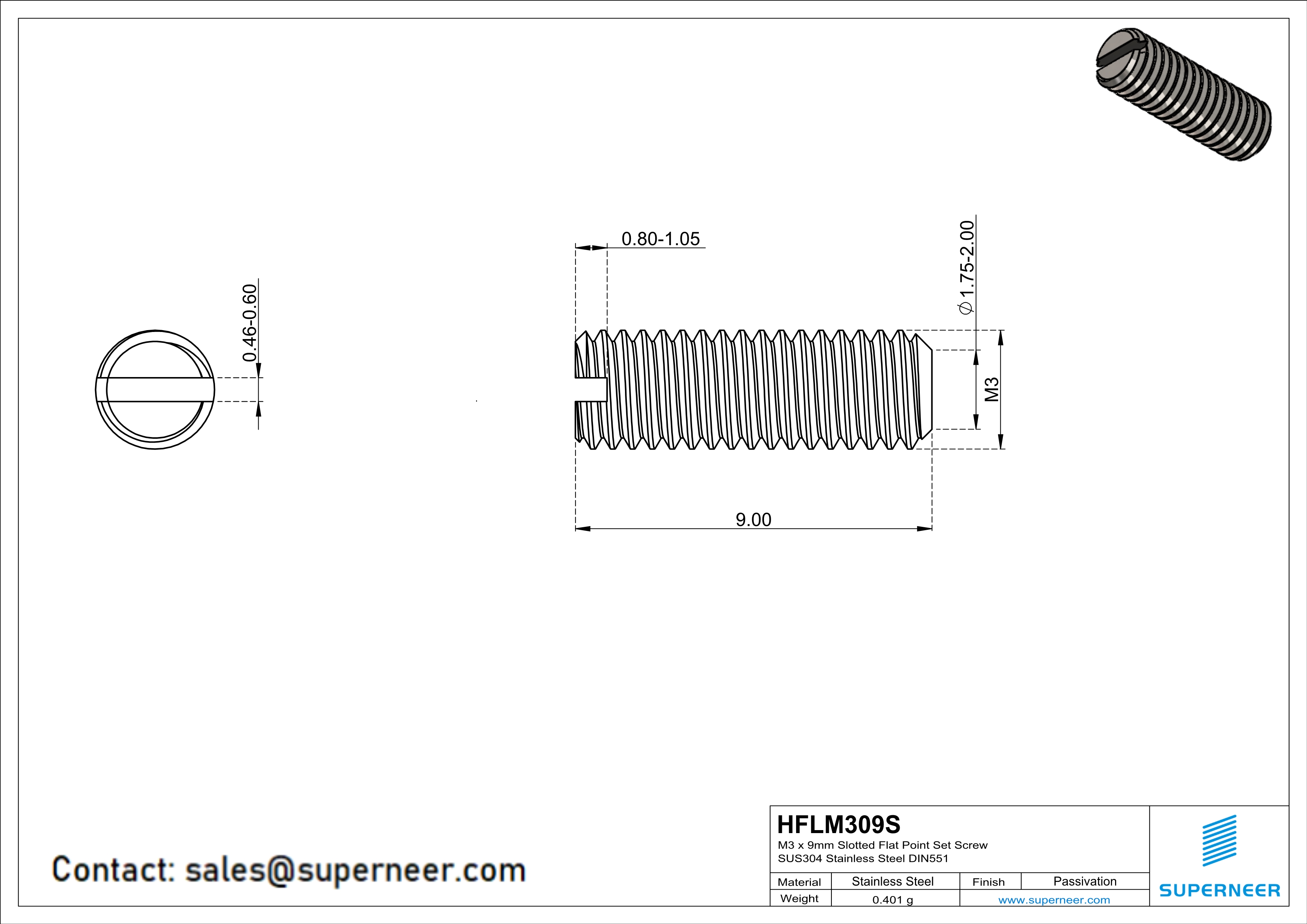 M3 x 9mm Slotted Flat Point Set Screw SUS304 Stainless Steel Inox 