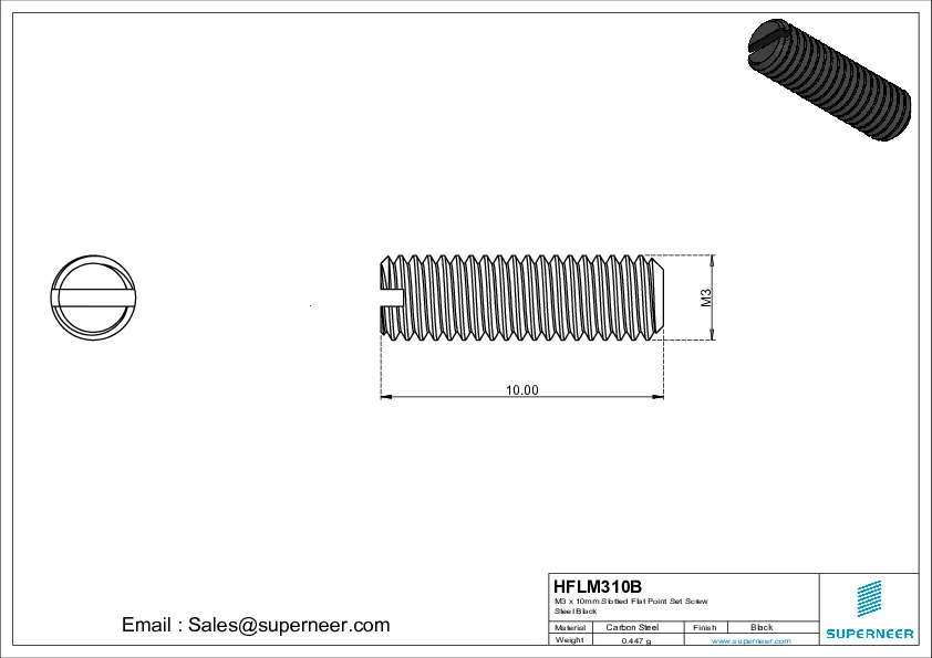 M3 x 10mm Slotted Flat Point Set Screw Steel Black 