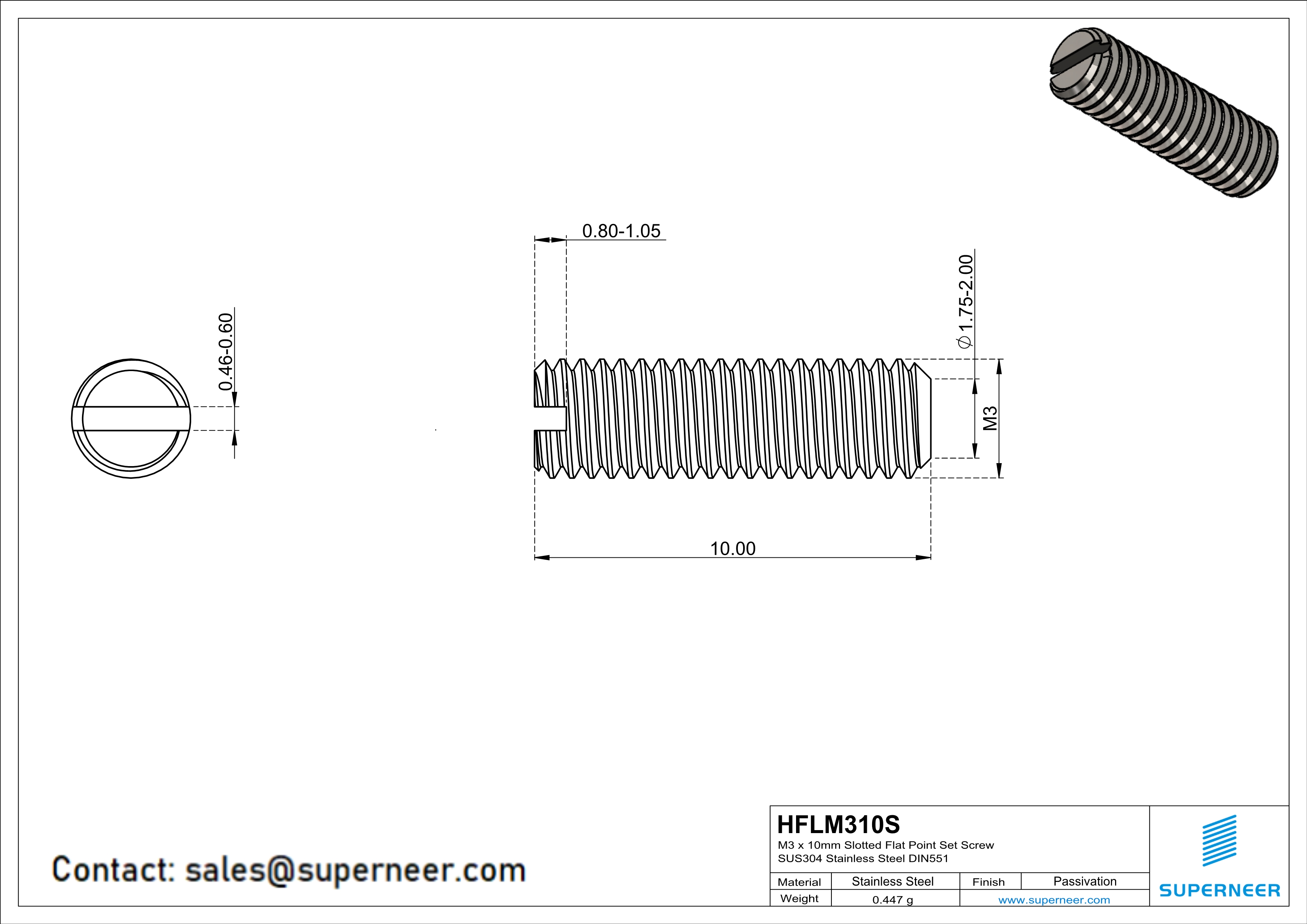 M3 x 10mm Slotted Flat Point Set Screw SUS304 Stainless Steel Inox 