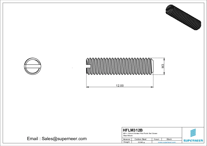 M3 x 12mm Slotted Flat Point Set Screw Steel Black 