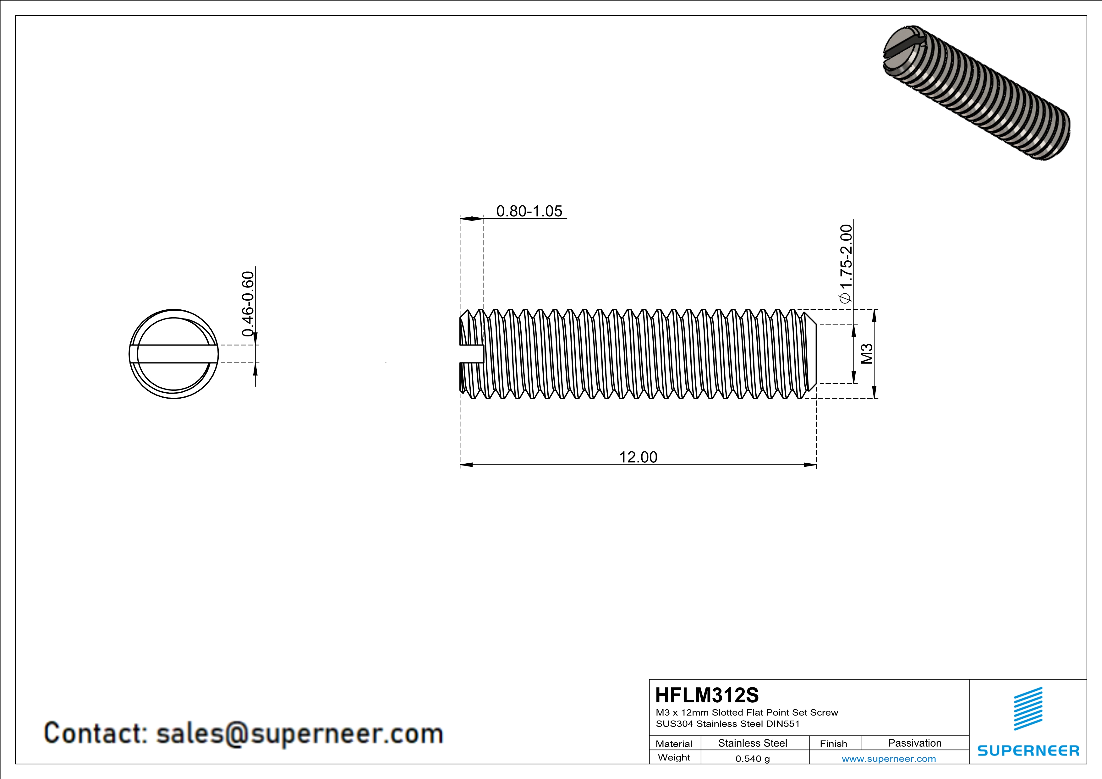 M3 x 12mm Slotted Flat Point Set Screw SUS304 Stainless Steel Inox 