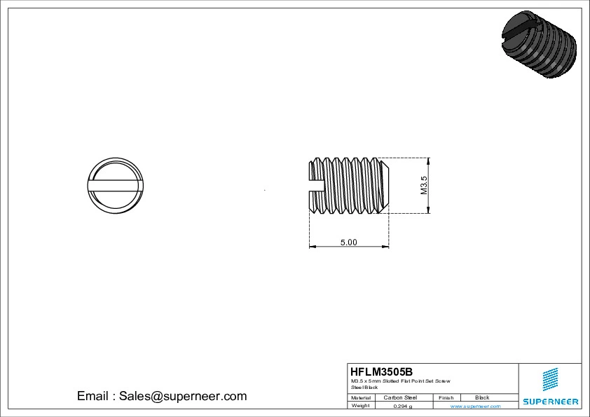 M3.5 x 5mm Slotted Flat Point Set Screw Steel Black 