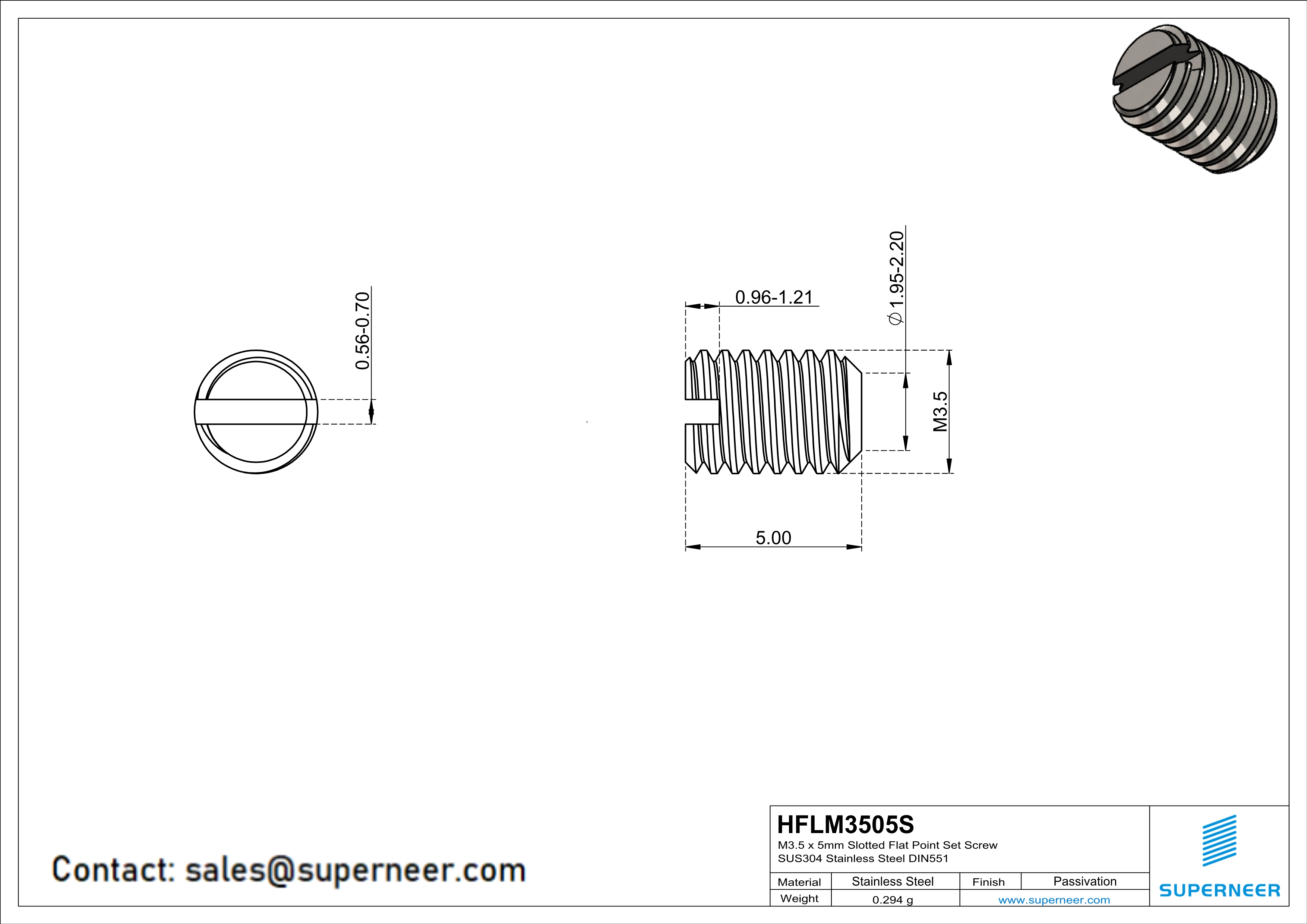 M3.5 x 5mm Slotted Flat Point Set Screw SUS304 Stainless Steel Inox 