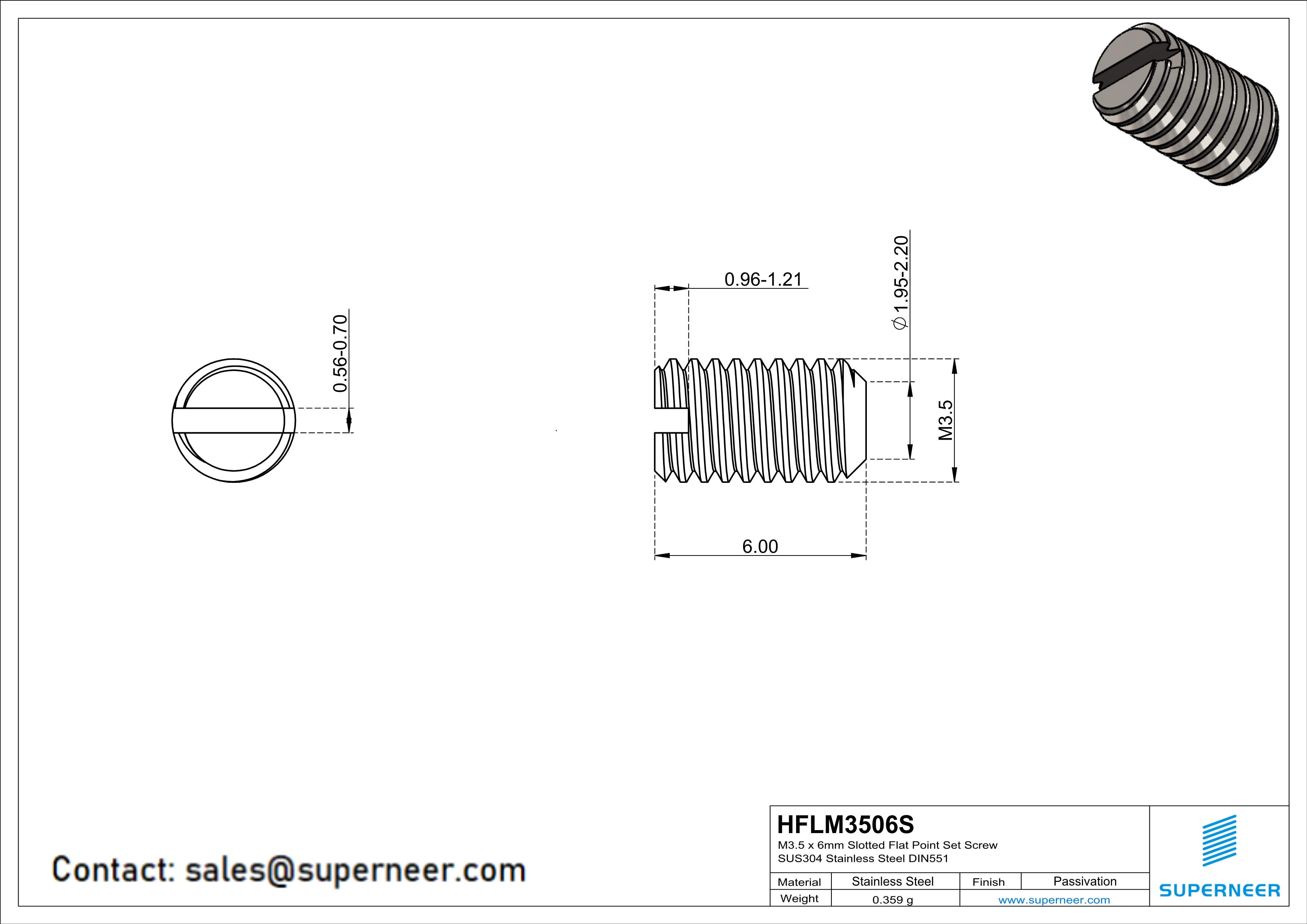 M3.5 x 6mm Slotted Flat Point Set Screw SUS304 Stainless Steel Inox 